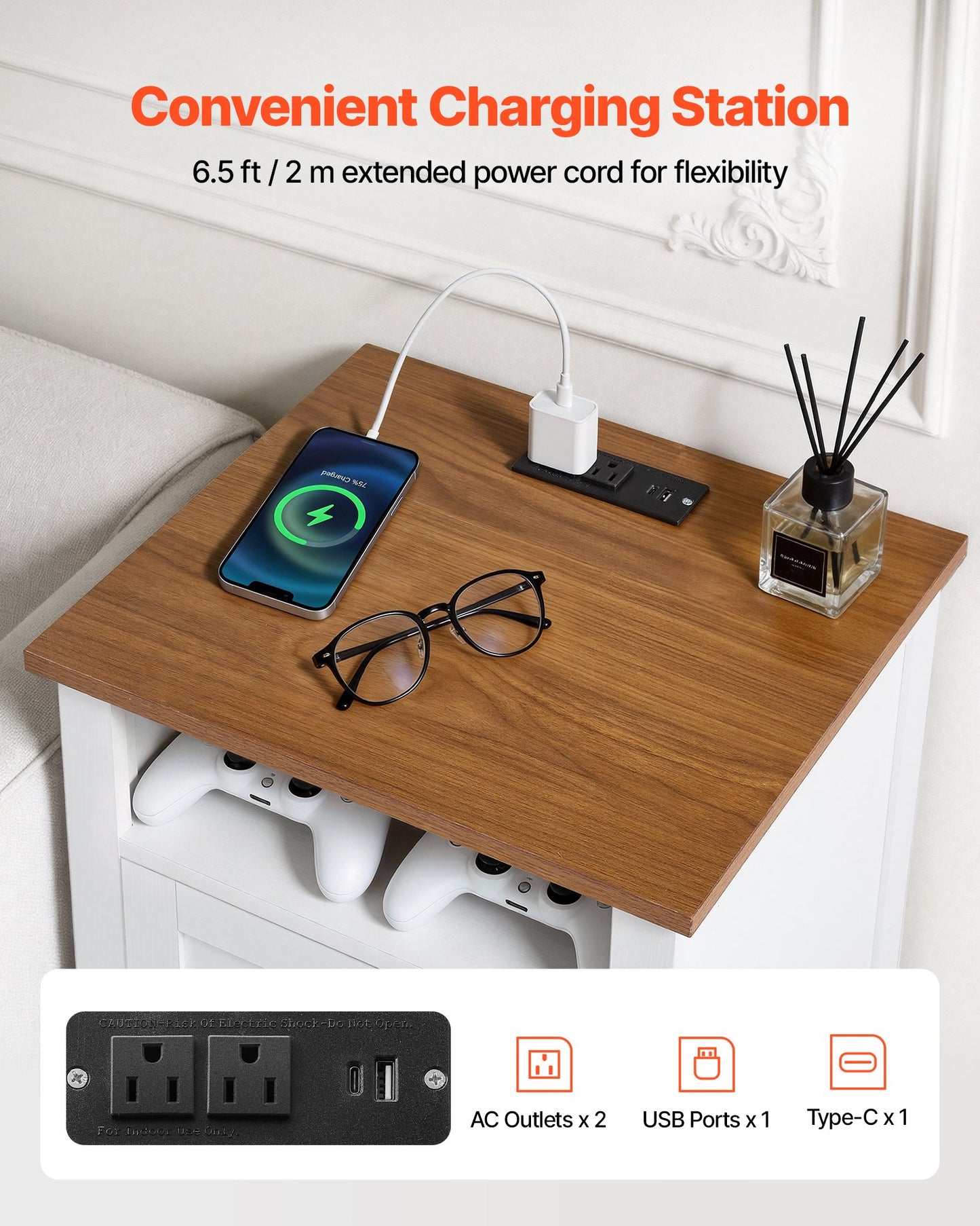 Farmhouse Nightstand with Charging Station - Rustic End Table with USB & Outlets, White