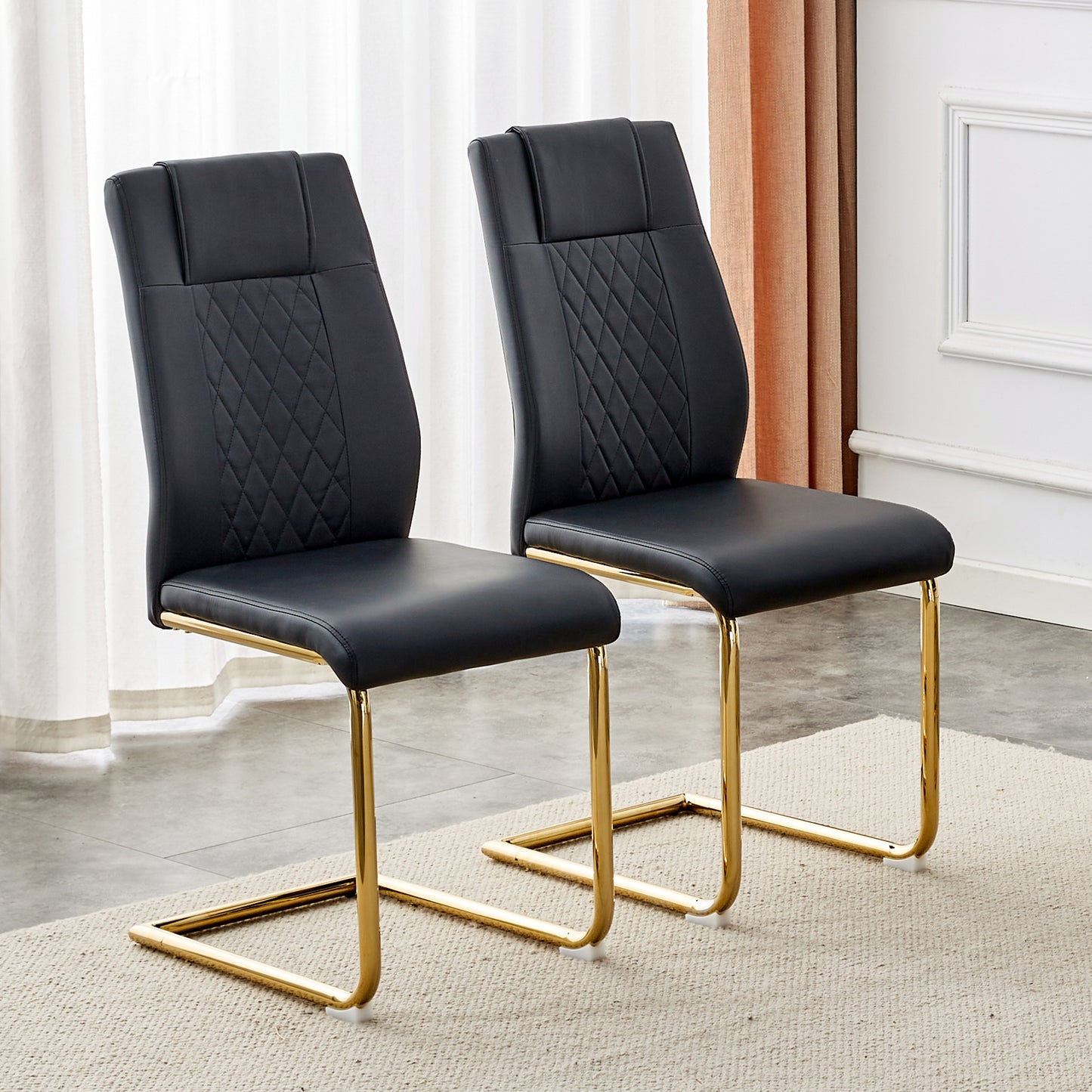 Modern Dining Chairs Set of 6 - Black Faux Leather with Gold Legs
