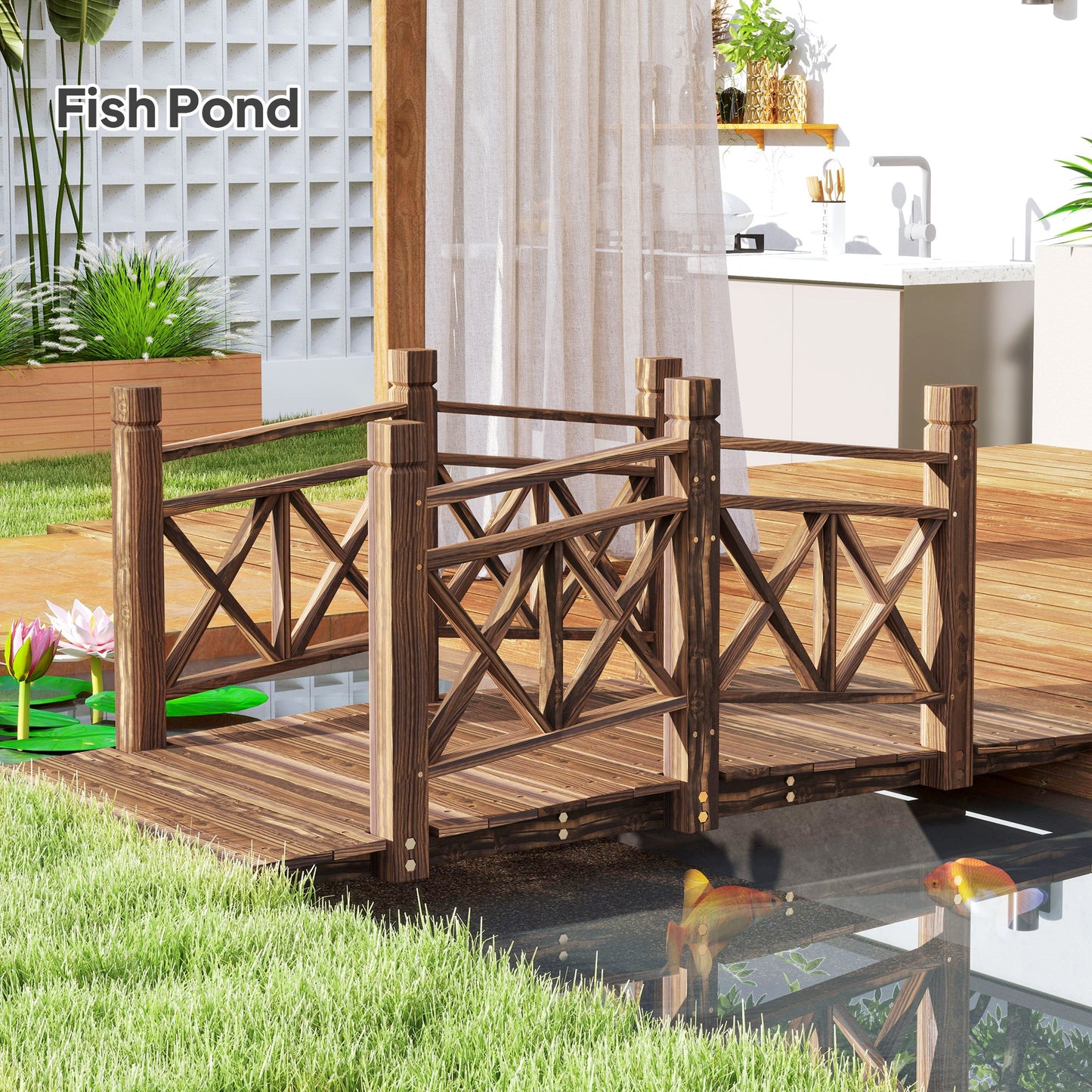 5 ft Wooden Garden Bridge for Ponds and Streams - Rustic Outdoor Footbridge