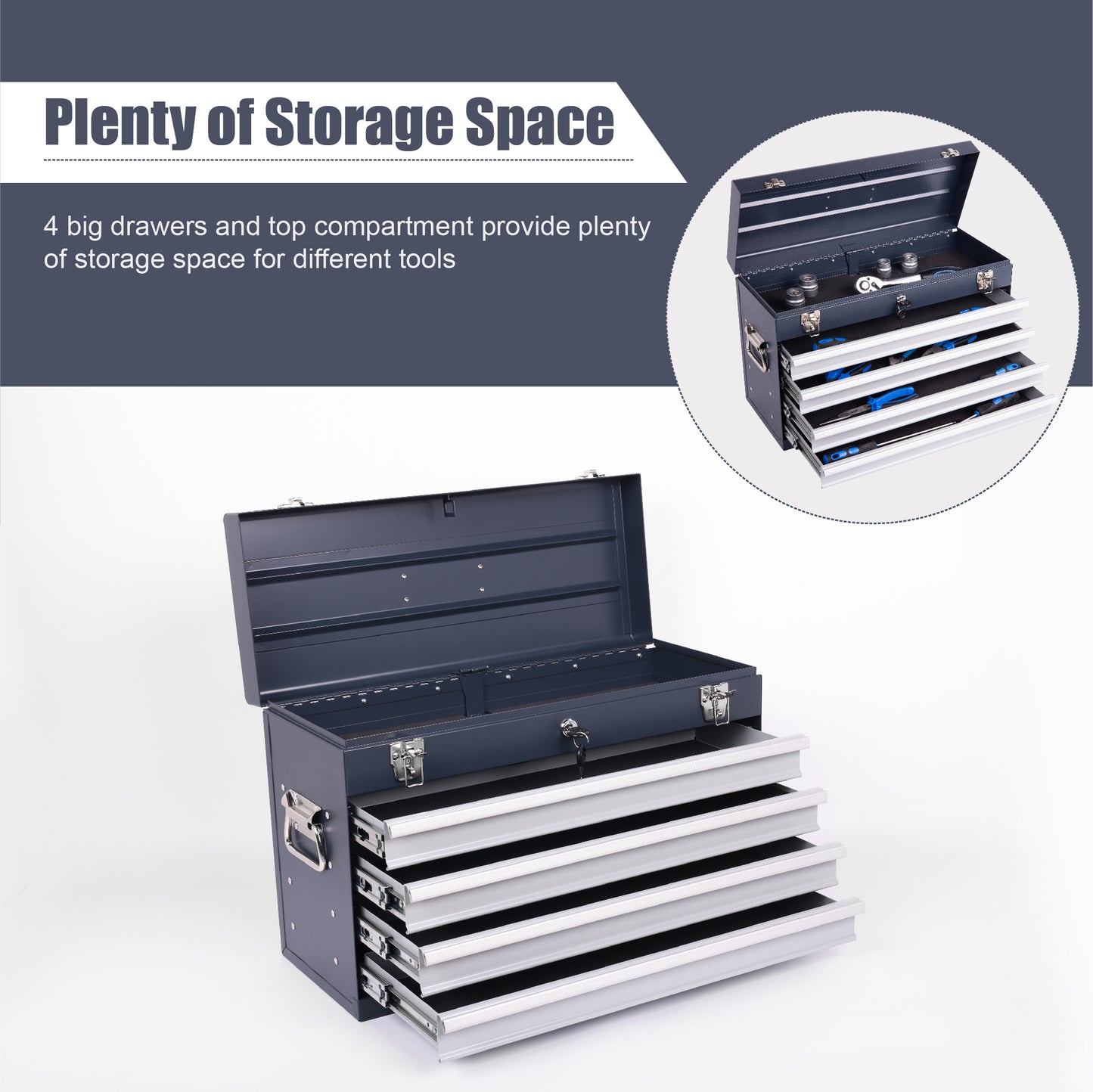 Heavy Duty Metal Tool Box 21-inch with 4 Drawers, Locking, EVA Liners, Antique Grey