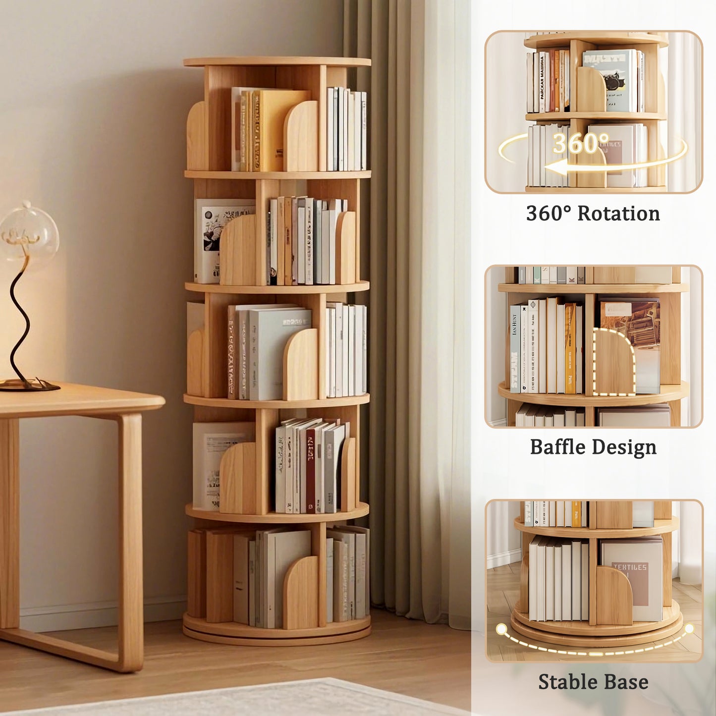 5 Tier Rotating Bookshelf, 360 Display Round Spinning Space-Saving,