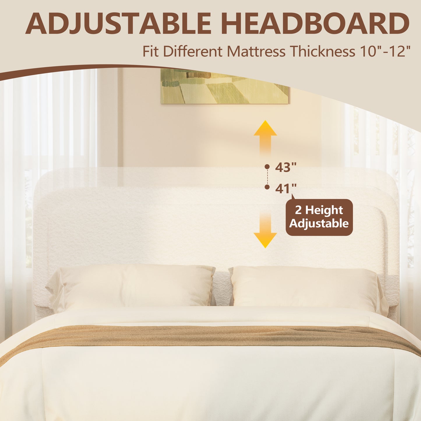 Boucle Queen Bed Frame With Adjustable Height Headboard, Modern