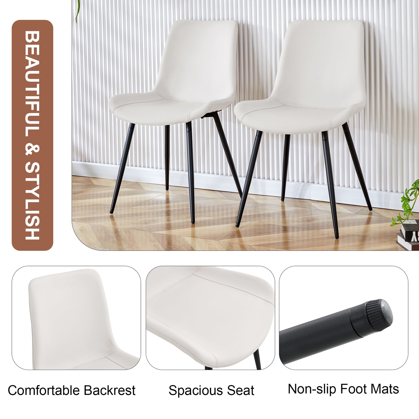 White Artificial Leather Backrest Cushion Dining Chair, Black Metal