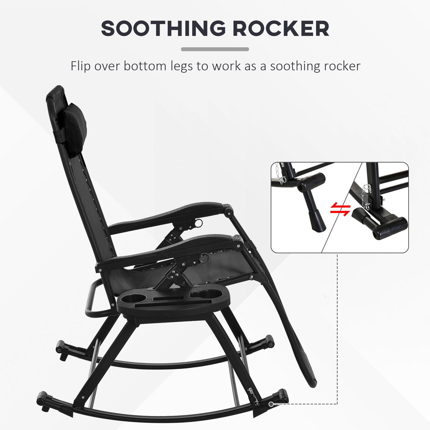 Set of 2 Foldable Zero Gravity Rocking Lounge Chairs with Cup Holders - Black