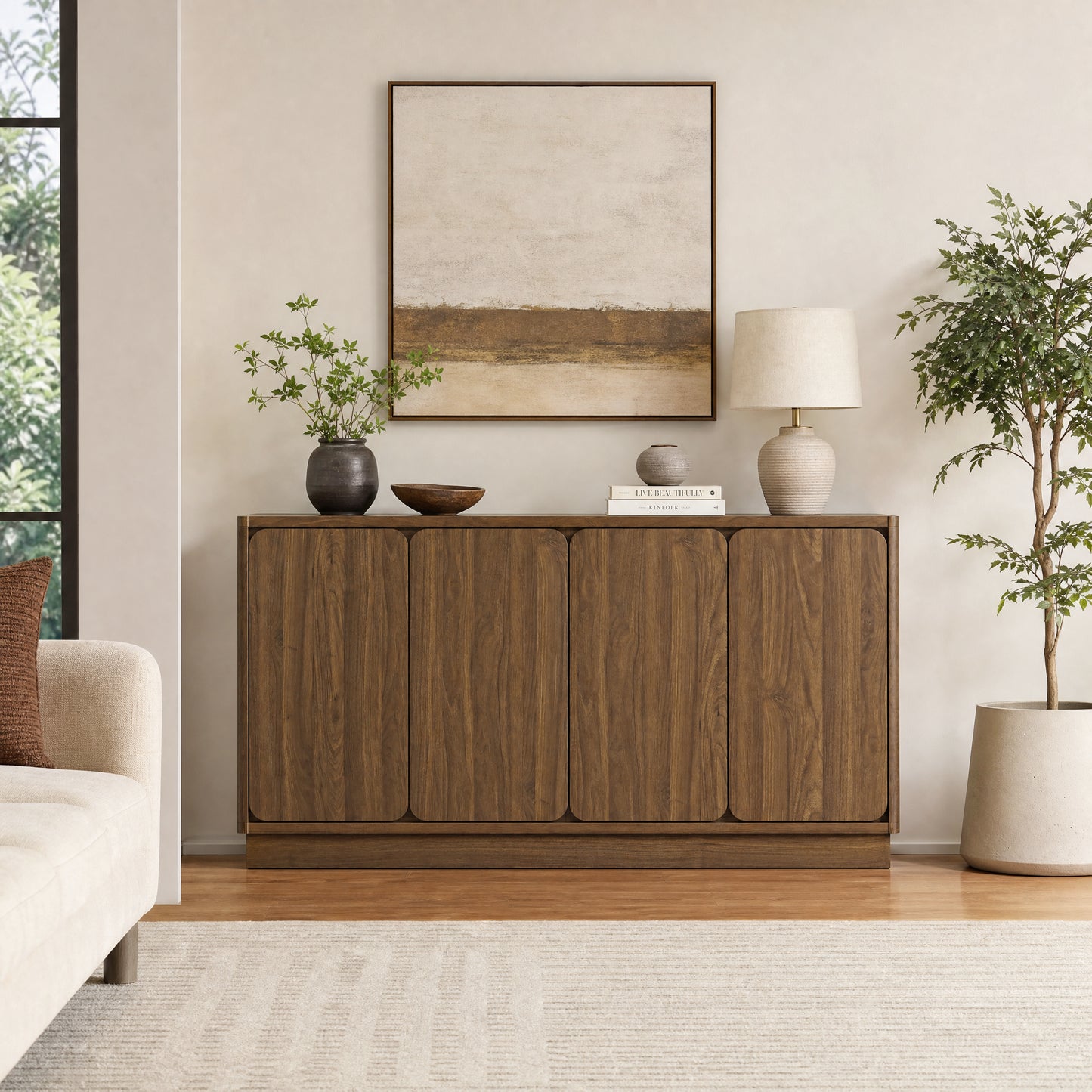 59.1" Walnut 4-Door Sideboard Buffet Cabinet with Adjustable Shelves