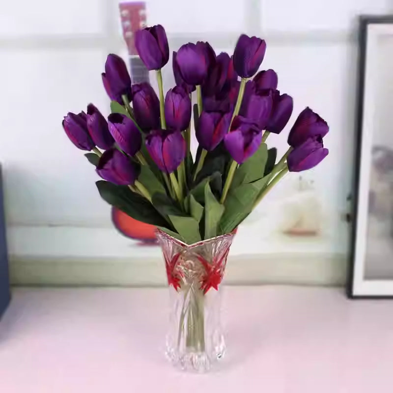 Artificial Tulip Flower Arrangement with Glass Vase - Home Decor Set