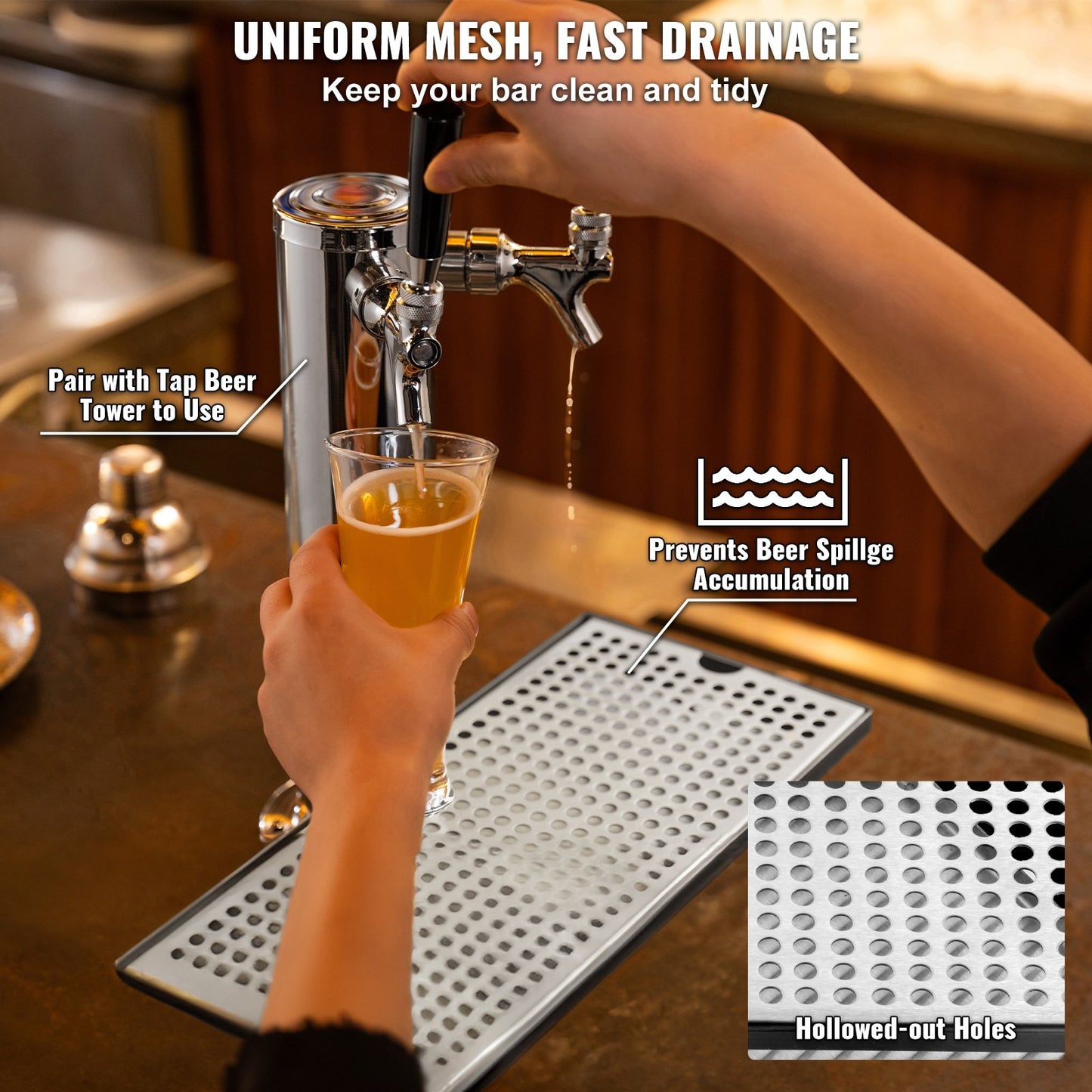 304 Stainless Steel Beer Drip Tray with Non-Slip Pads - Silver