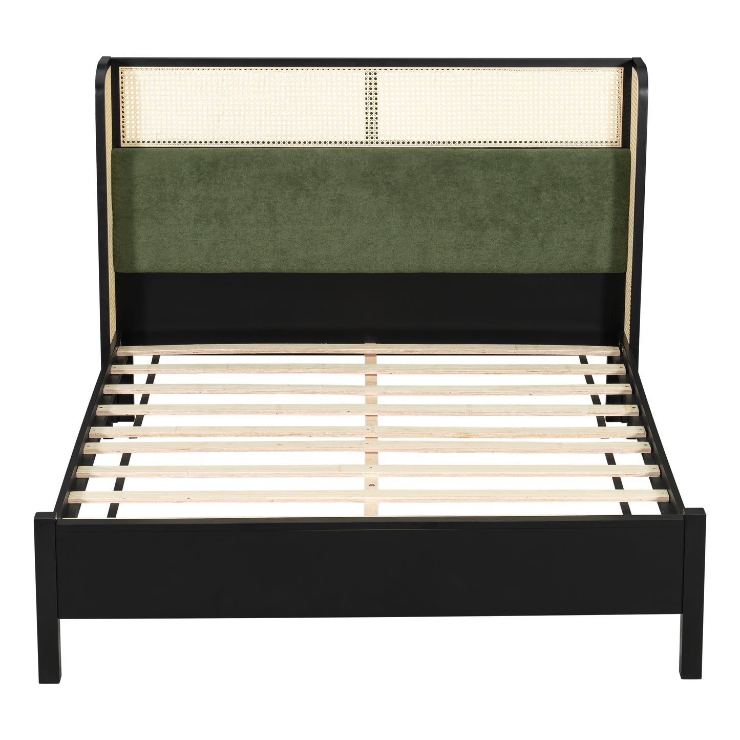 Queen Size Bed Frame with Green Headboard - Solid Wood, No Box Spring Required