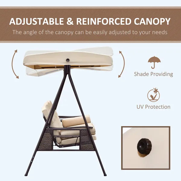 3-Seat Porch Swing with Canopy - Beige Cushions, Steel Frame