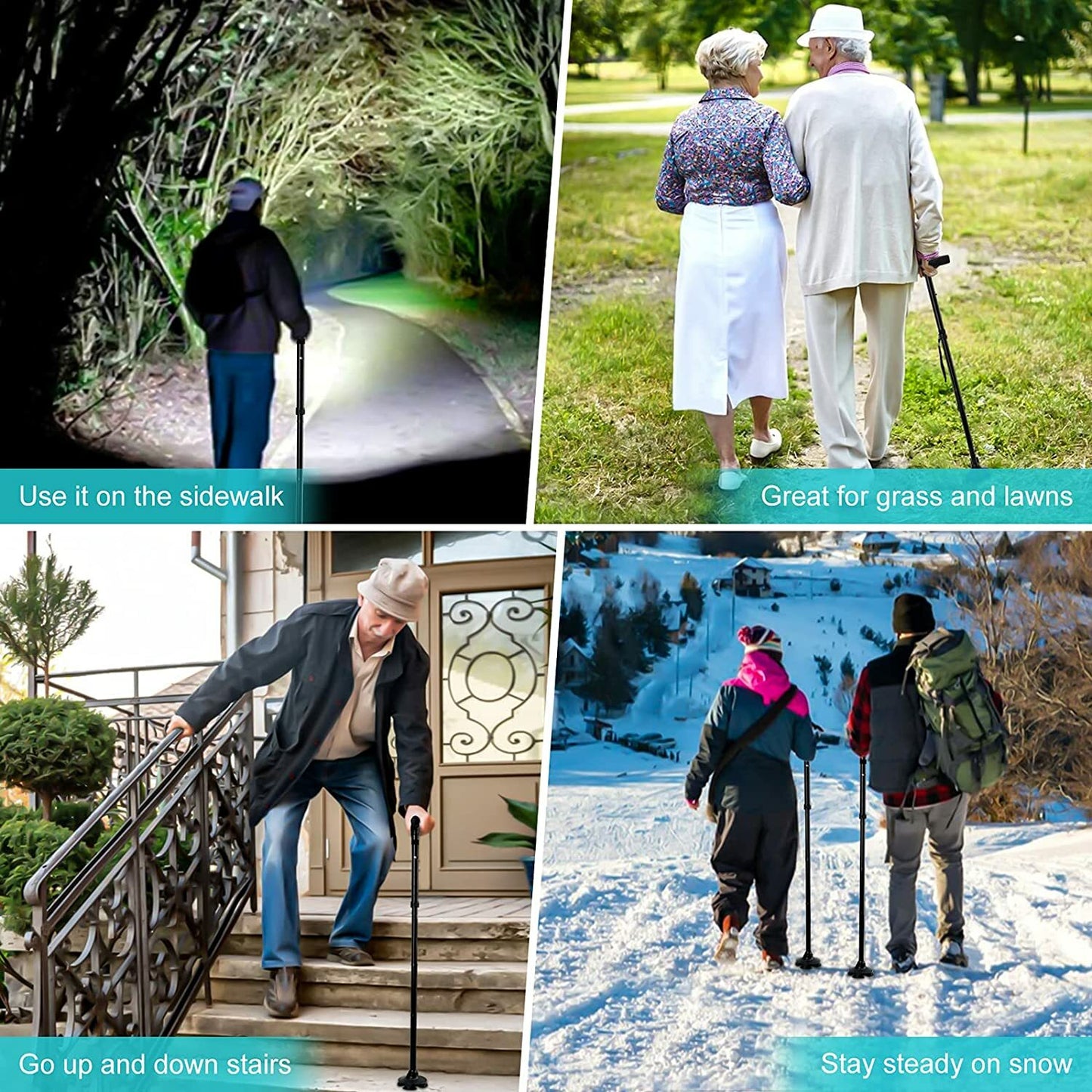 Folding Aluminium Walking Cane with Flashlight - Black