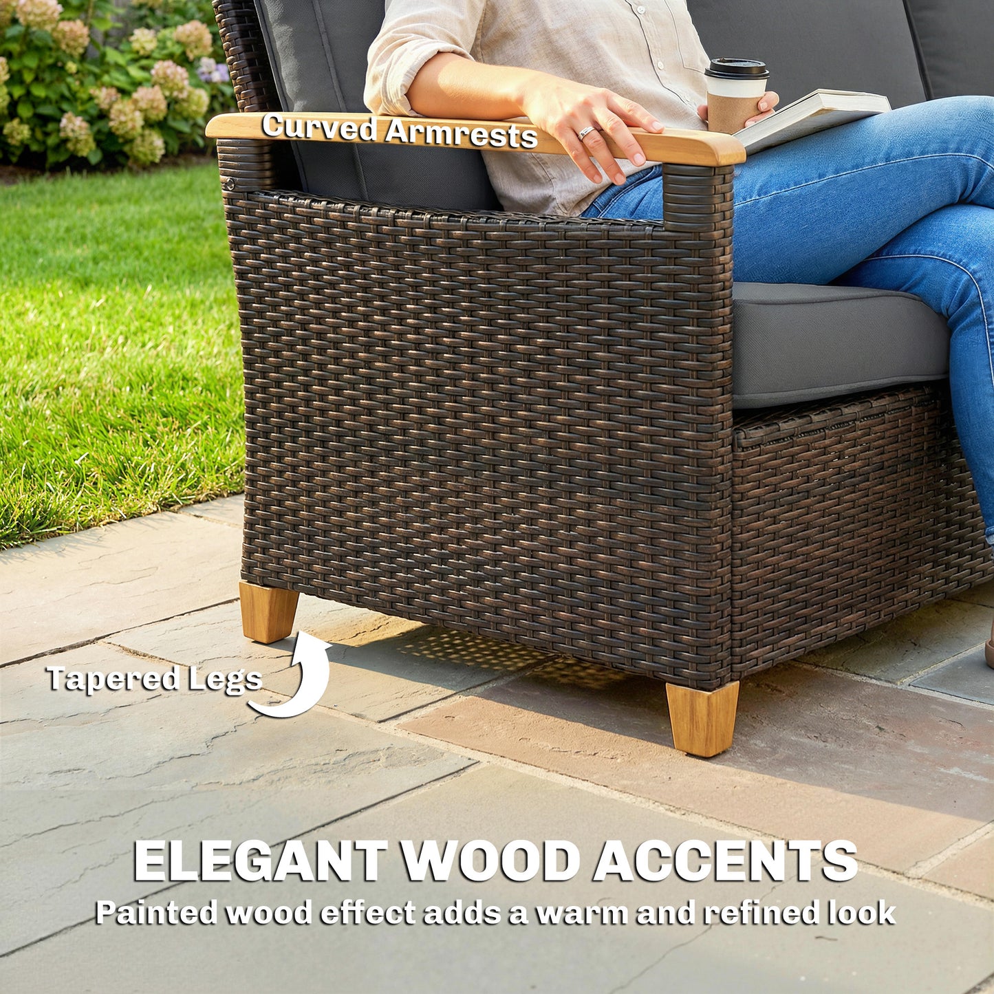 Outdoor Wicker Sofa - 3 Seater Patio Couch with Cushions, Gray