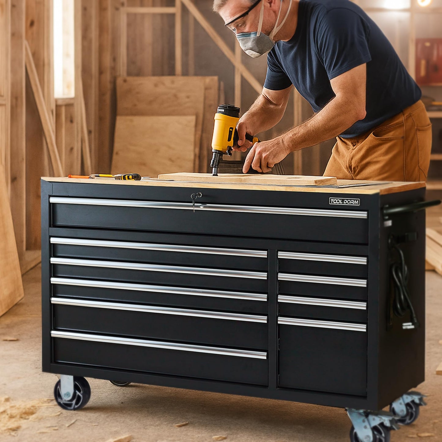 56-Inch 10-Drawer Steel Tool Cabinet with Locking Casters and Power Strip