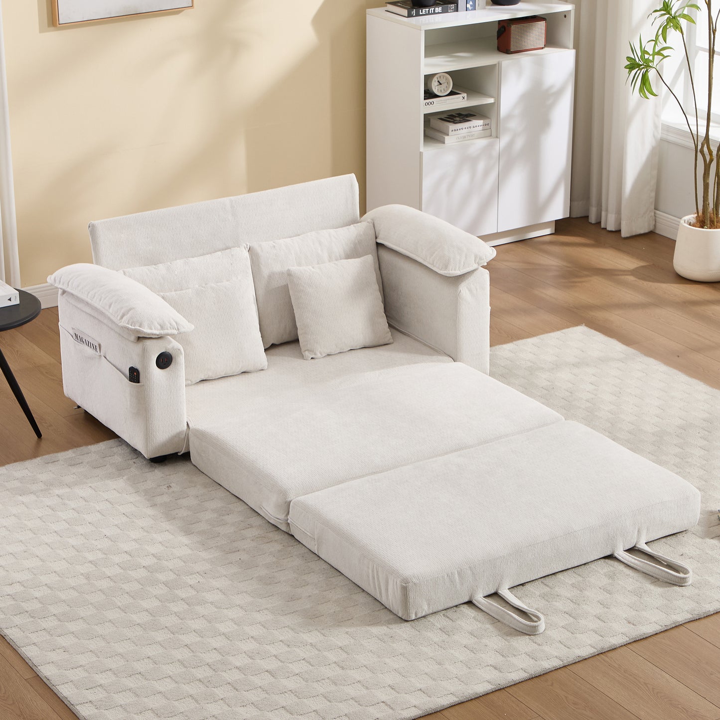58 Inch Convertible Futon Sofa Bed with Side Pockets - Cream White