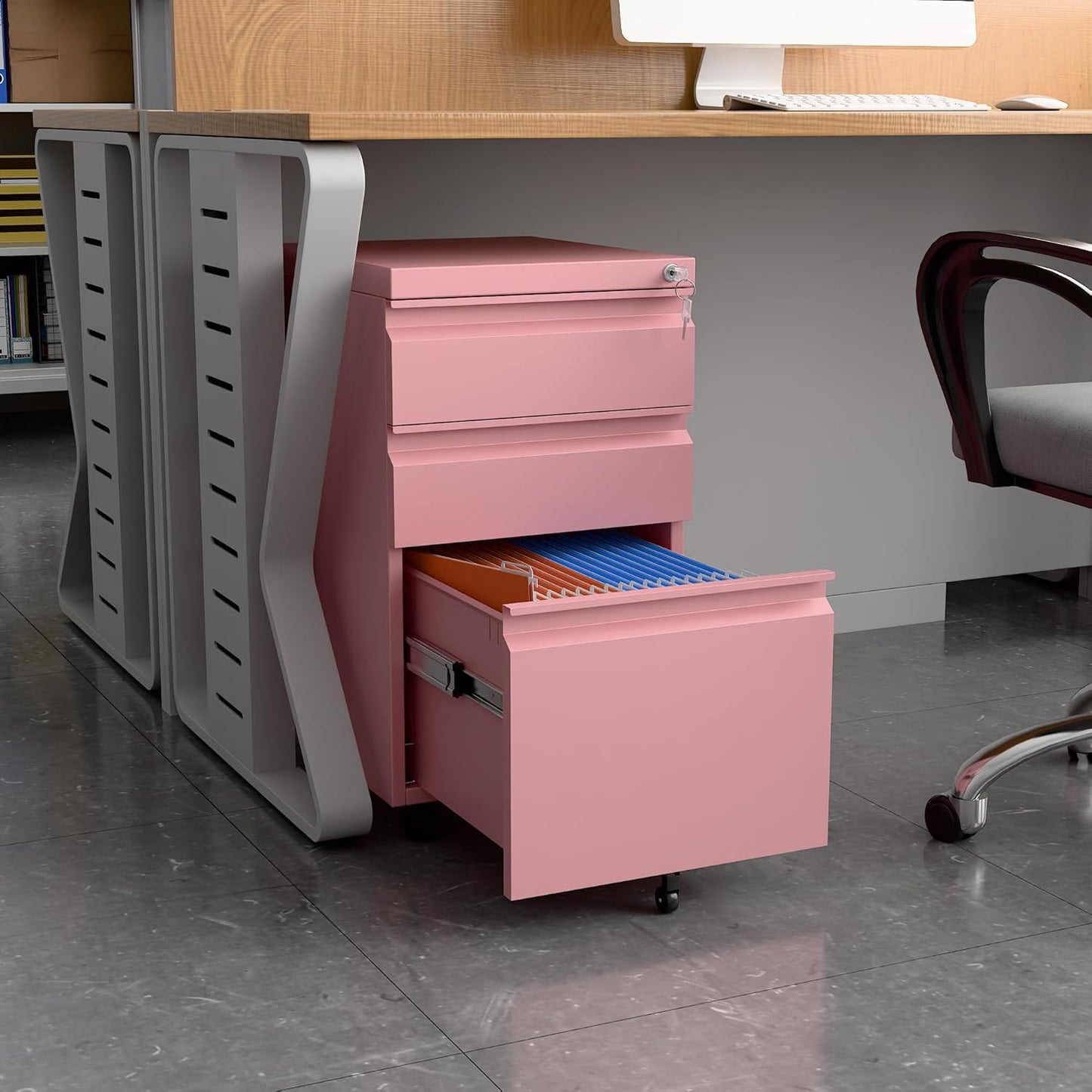 2-Drawer Mobile File Cabinet with Lock - Pink