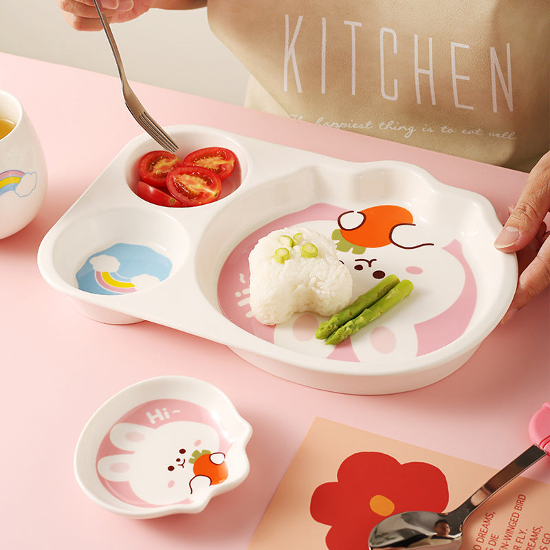 Children's Dinnerware Set with Cartoon Rabbit Design - Plates, Bowls, Cups & Utensils, Multiple Pieces