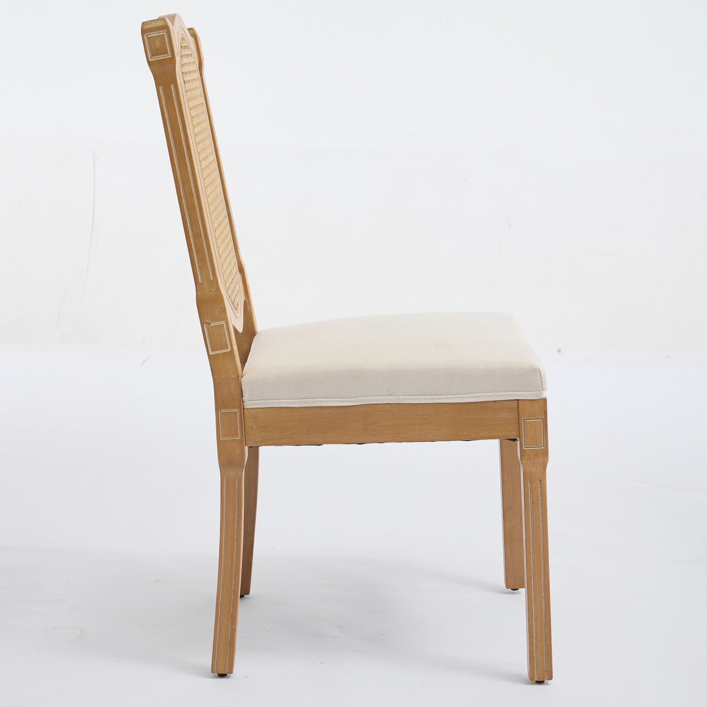 Solid Wood Rattan-Back Dining Chair with Linen Cushion - Beige