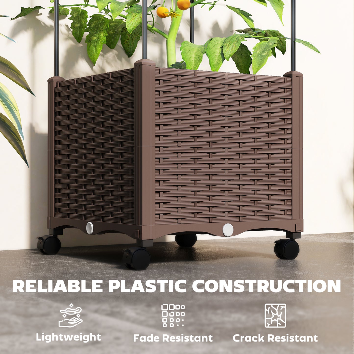 Raised Garden Bed with Trellis and Lockable Wheels - Self Watering Planter, Brown, 440x440x160mm