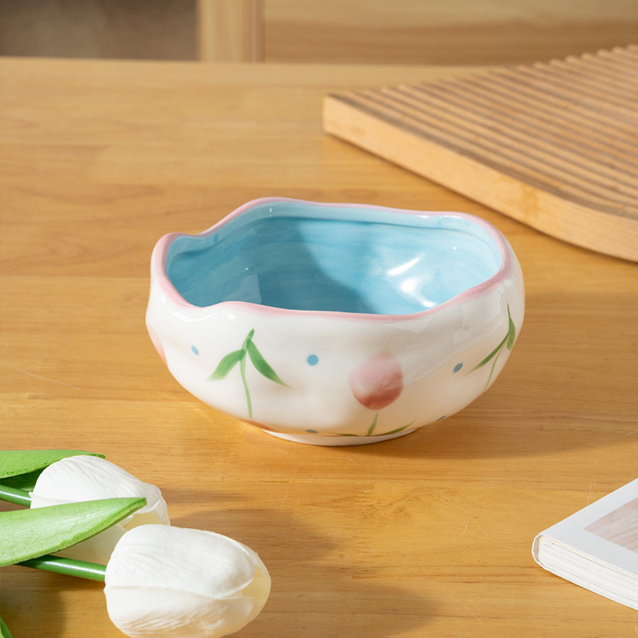 Hand Drawn Flower Ceramic Bowl - Irregular Pattern, 13cm Dinnerware