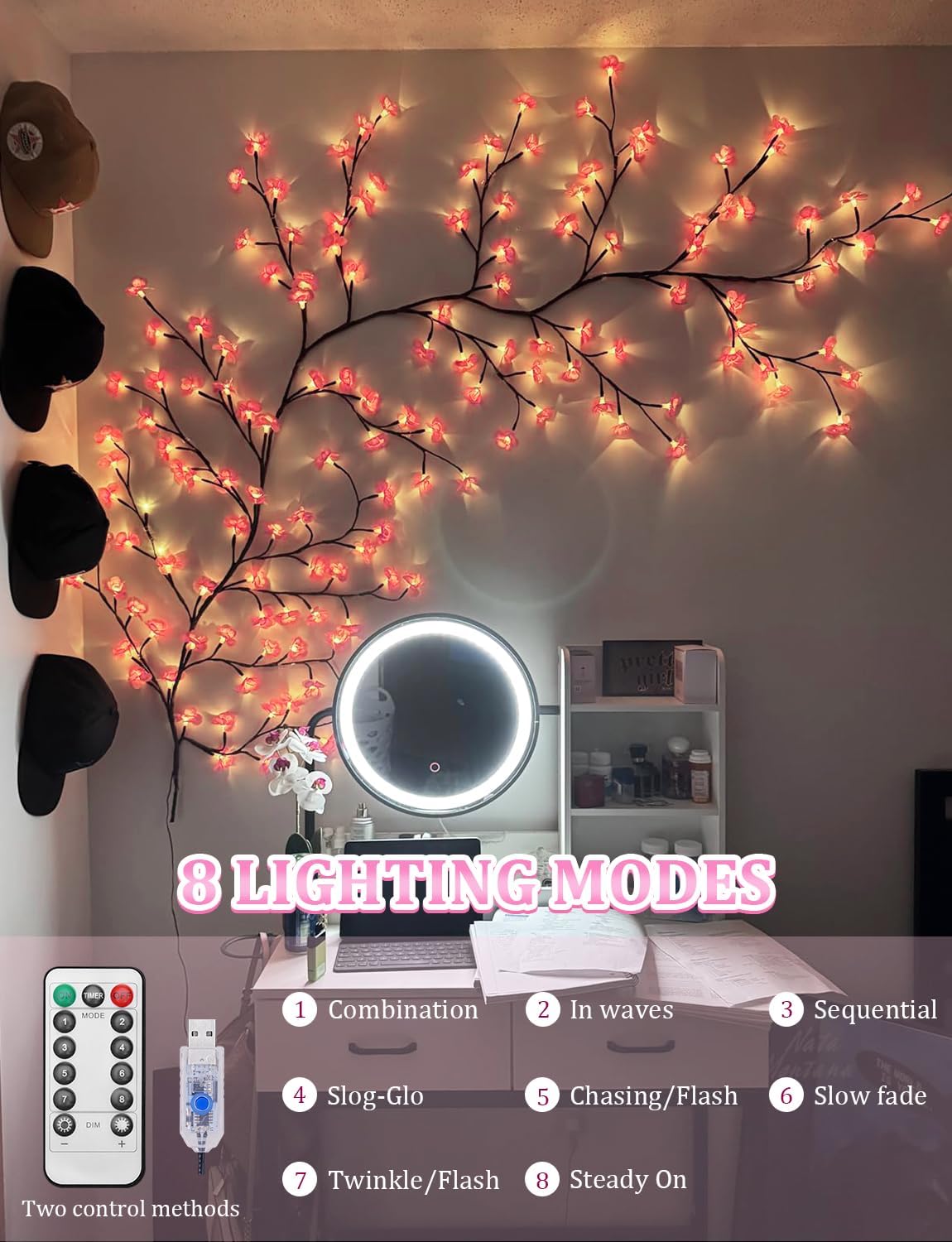 Cherry Blossom LED Tree Branch Wall Lights - 144 LED, 8 Modes, USB Powered, Indoor Decor
