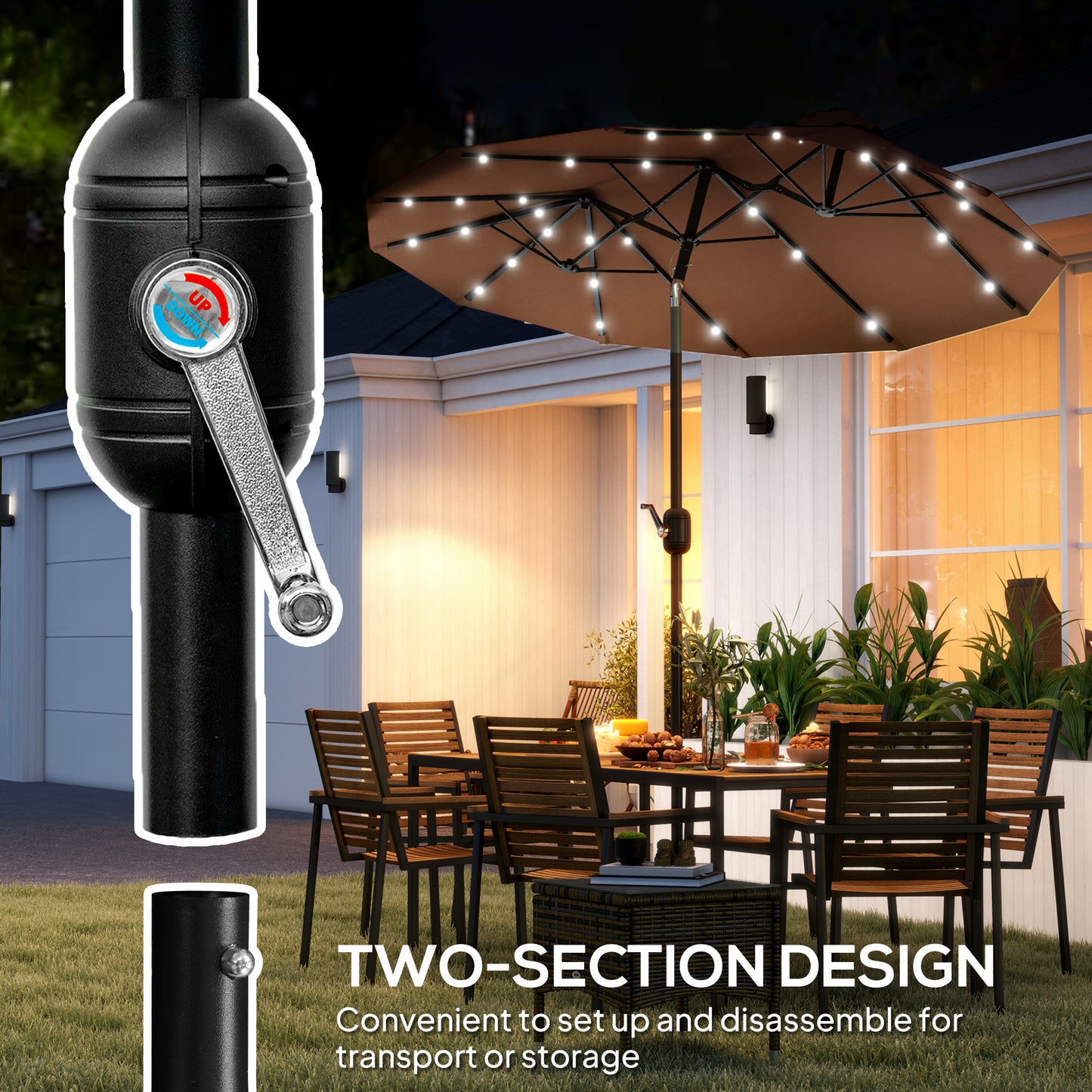 Double-Sided Patio Umbrella with LED Lights - Coffee