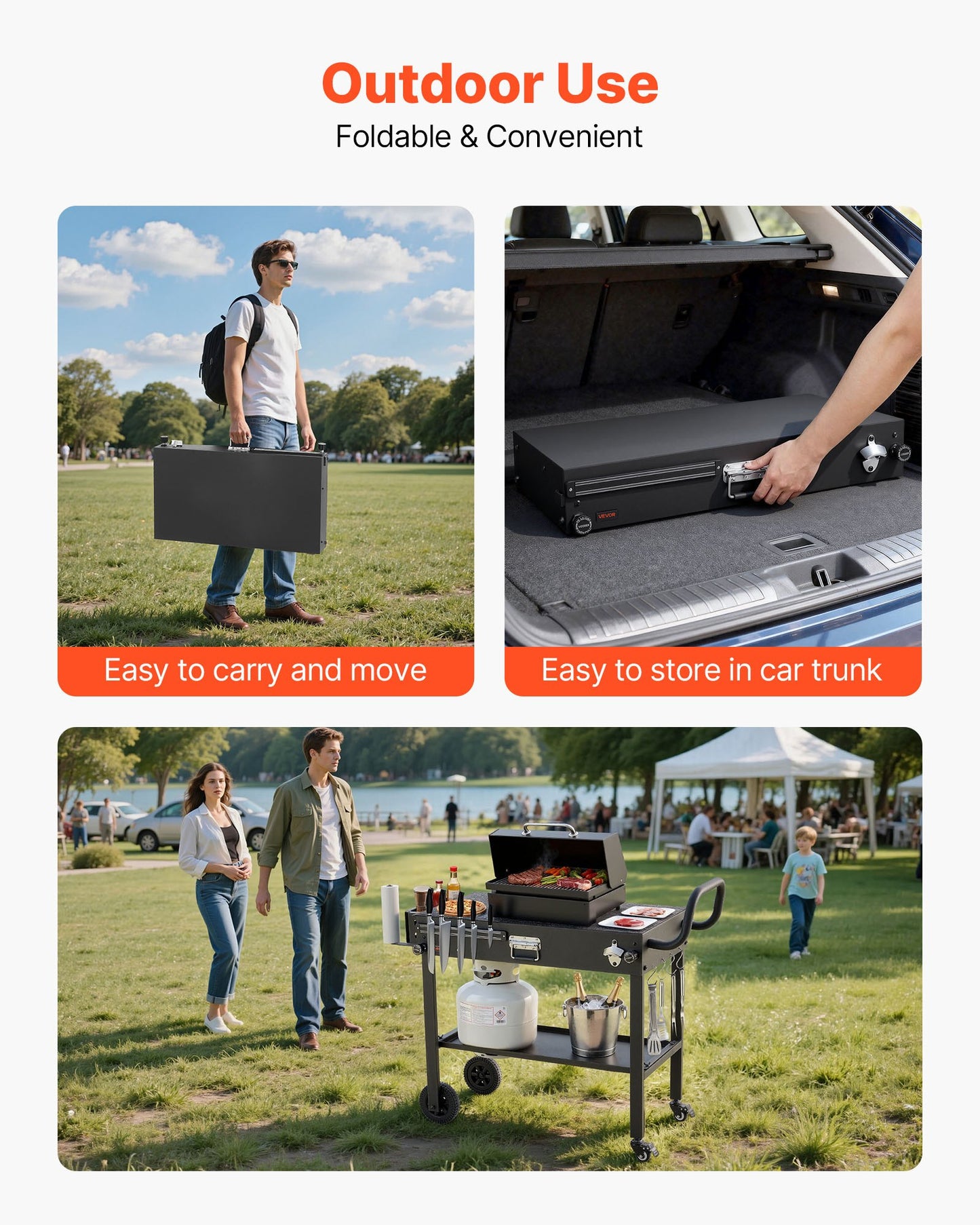 Foldable Outdoor Grill Cart with Magnetic Tool Rack and Tissue Holder - 31x17 Inch BBQ Prep Table