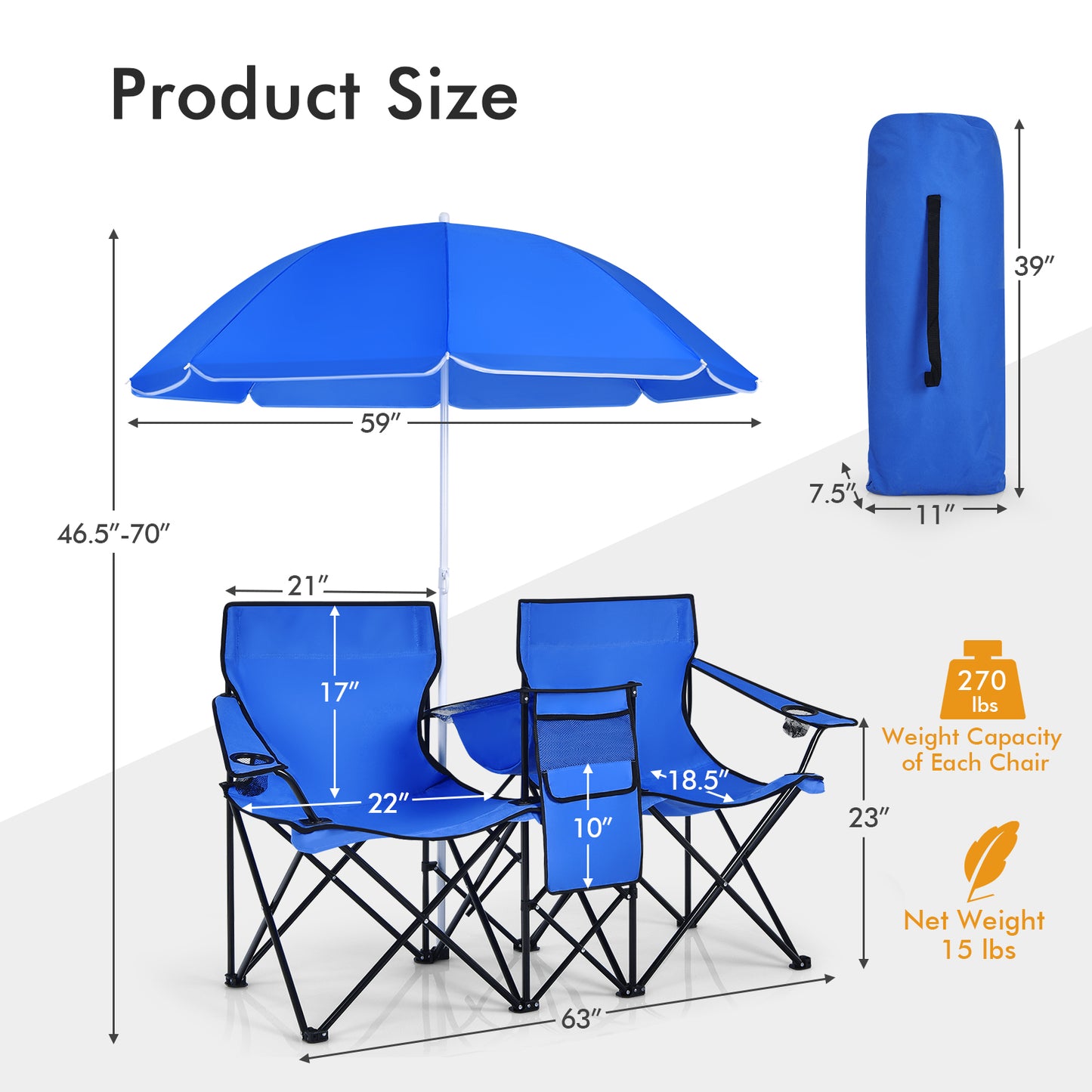 Portable Folding Picnic Chair with Adjustable Umbrella - Blue