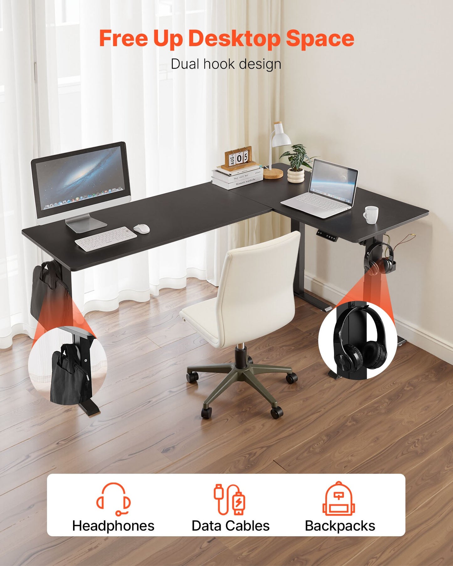 Electric Adjustable Height L-Shaped Gaming Desk - Black
