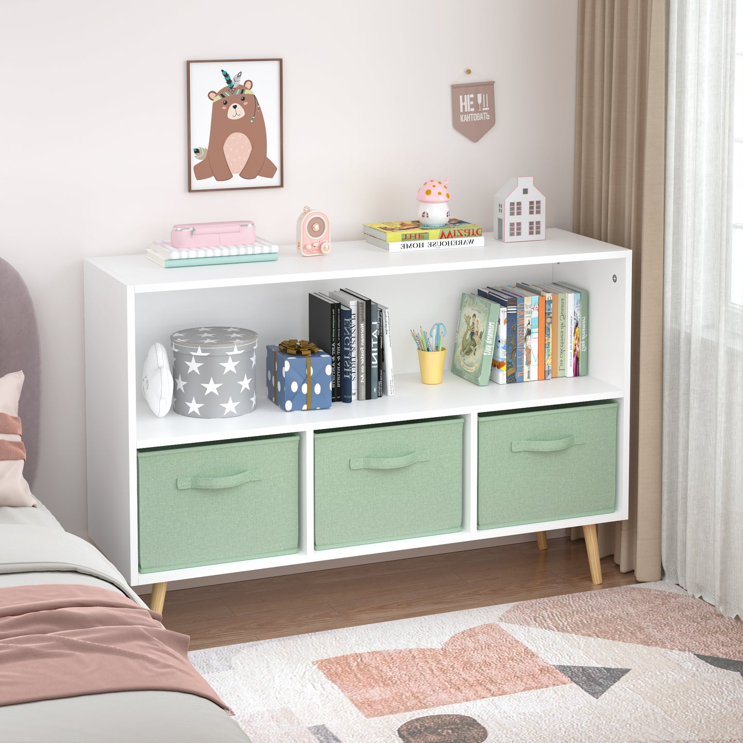 Kids Bookcase with Collapsible Fabric Drawers - White & Green