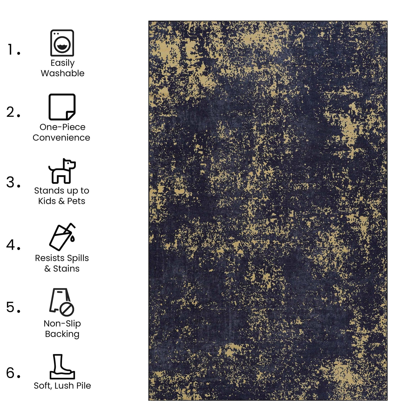 MAVAL Black Washable Rug 2' X 3' Doormat Gold,