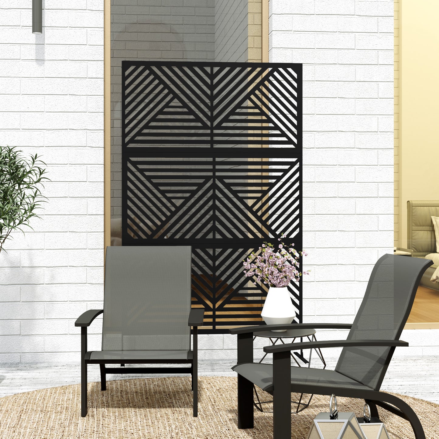 Outdoor Privacy Screen Metal Trellis with Stand - Black Rhombus