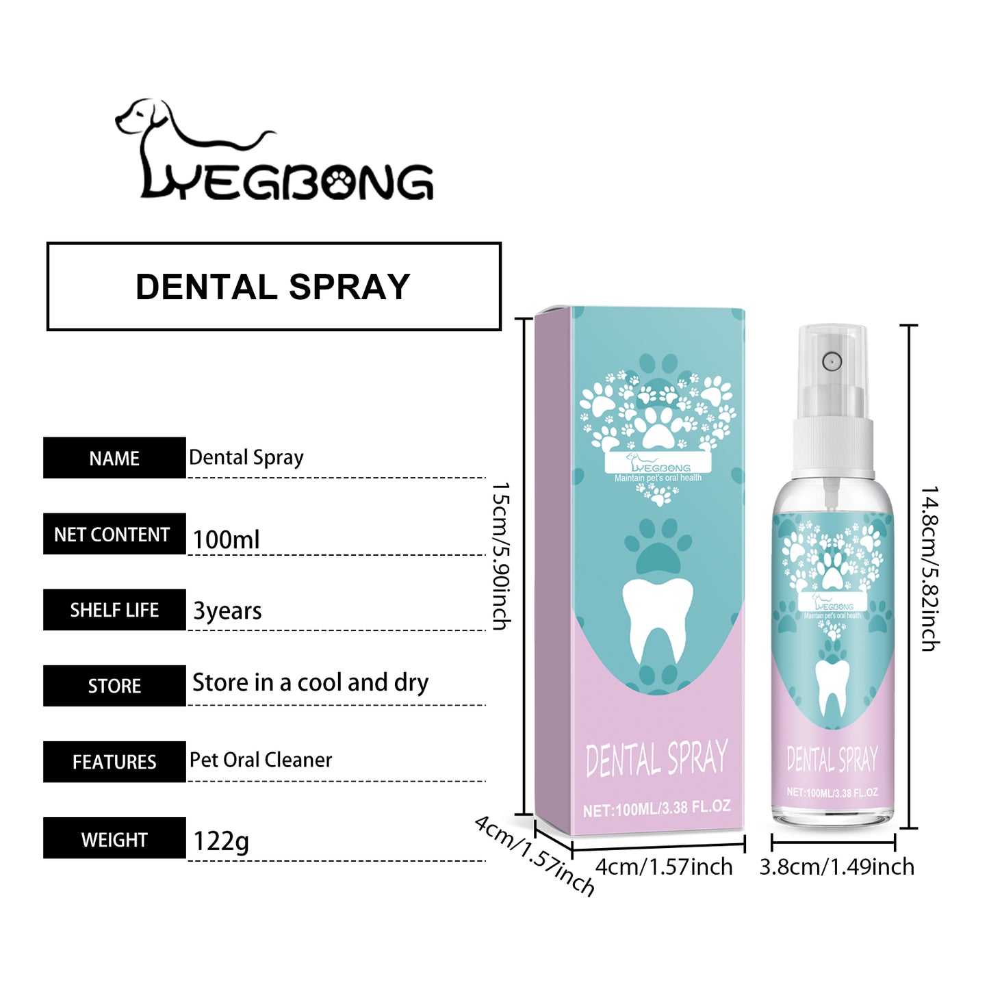 Pet Oral Care Spray for Dogs & Cats - No Brushing Needed, Fresh Breath & Whitening 100ml