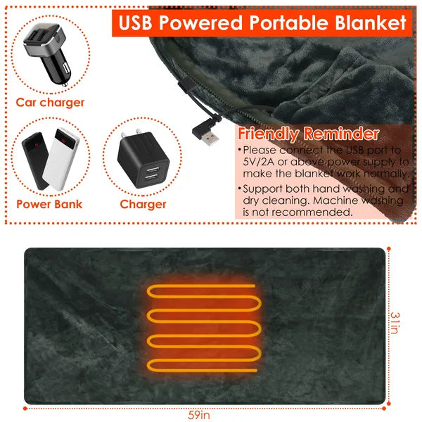USB Heated Blanket Poncho Shawl Wrap - 59" x 31" - Black