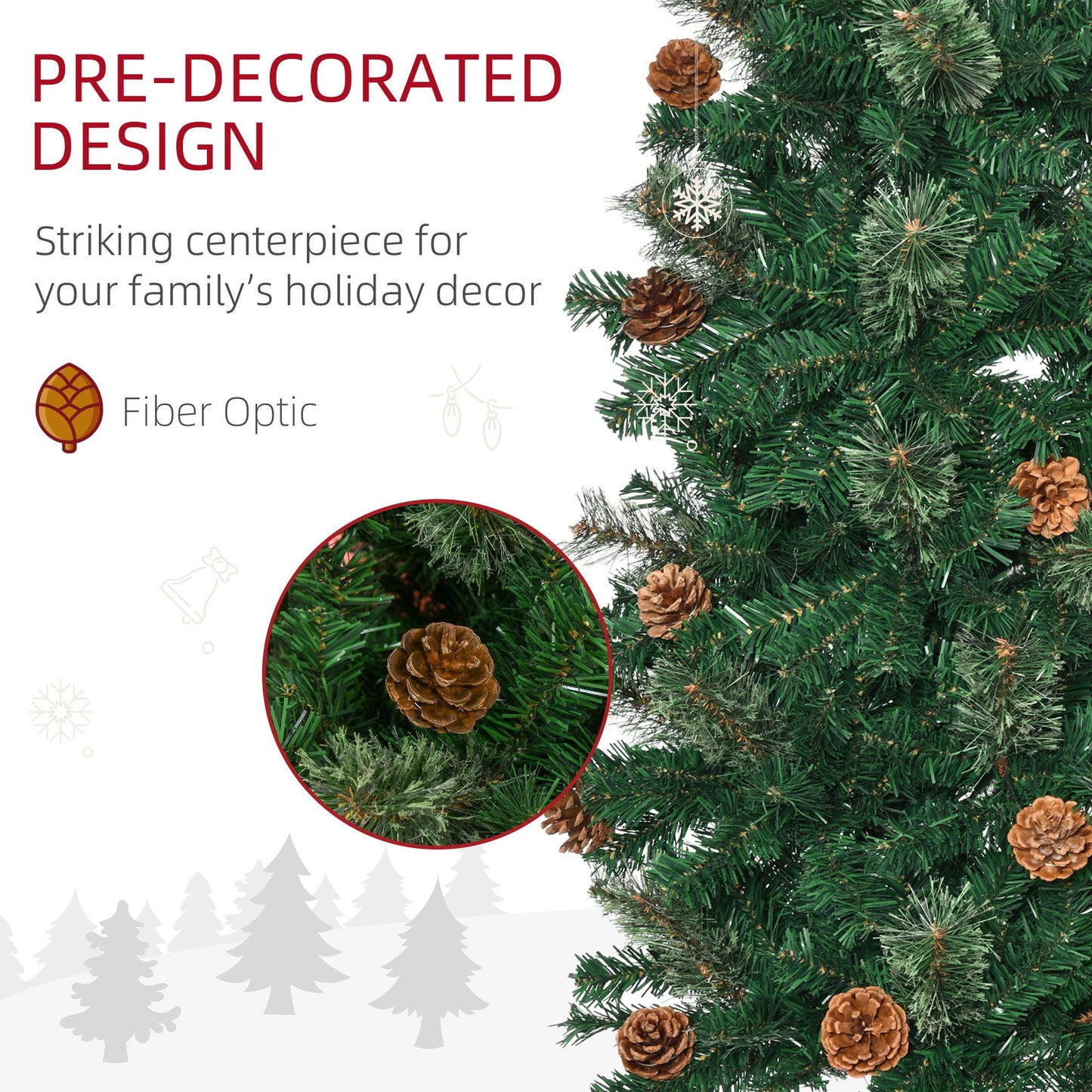 7.5ft Pencil Christmas Tree - Artificial with Pine Needles & Cones