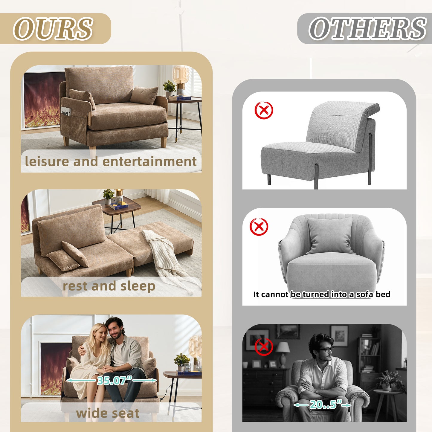 Foldable Sofa Bed Recliner - 3-in-1 Convertible Sleeper, Light Brown
