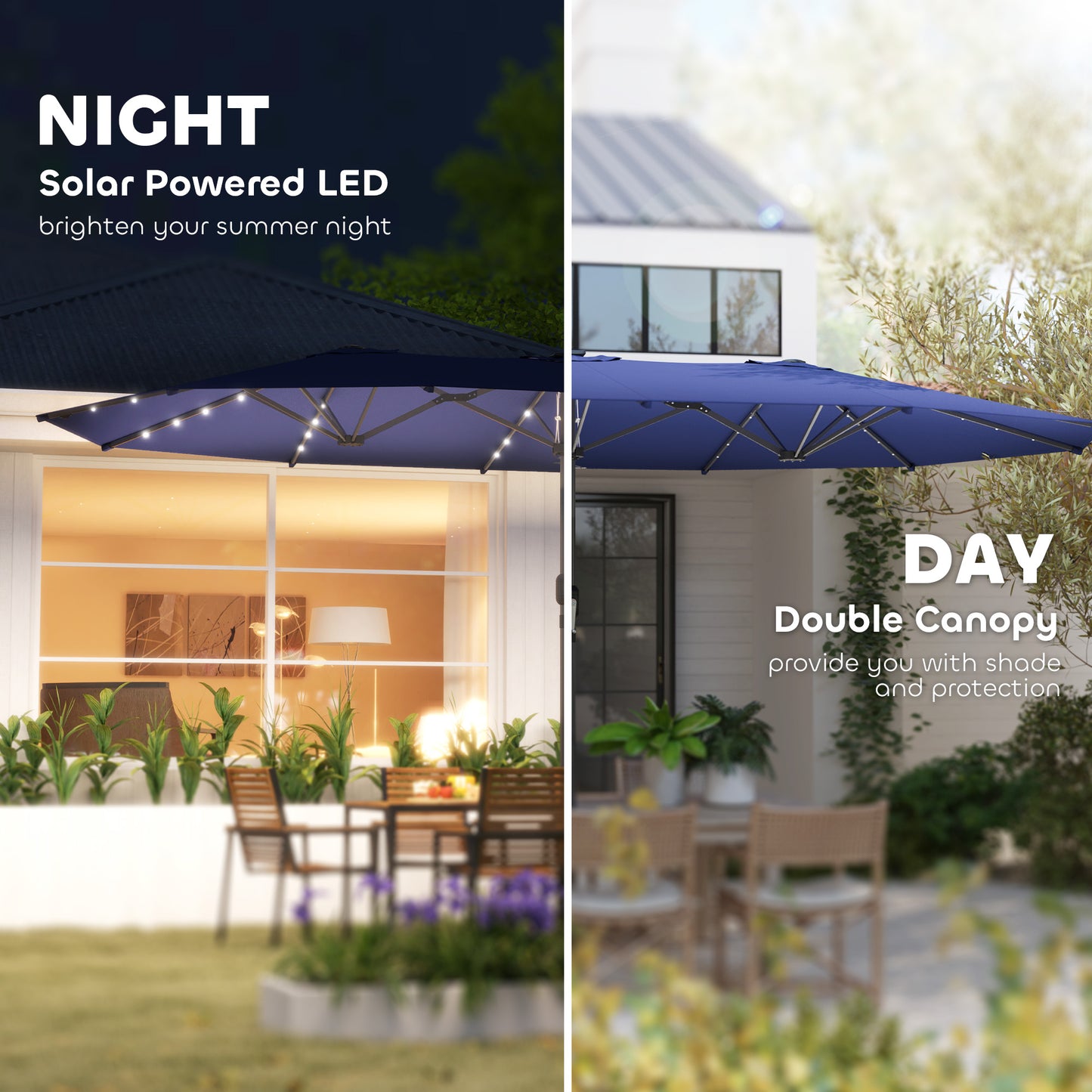 Double-Sided Patio Parasol with Solar LED Lights - Navy Blue