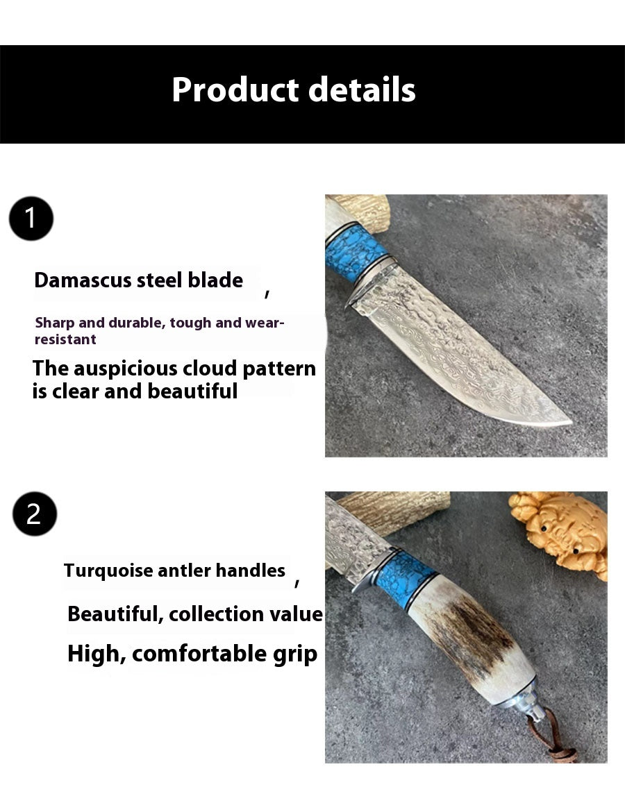 Turquoise Antler Handle Damascus Steel Kitchen Knife - Straight & Horse Variants
