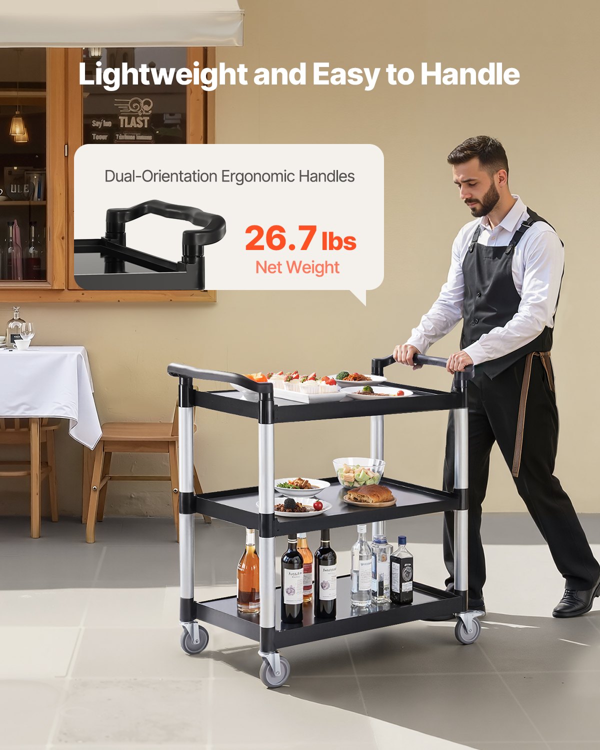 Heavy Duty Utility Cart 500 Lb Capacity 3-Tier Service Cart with Wheels - Black