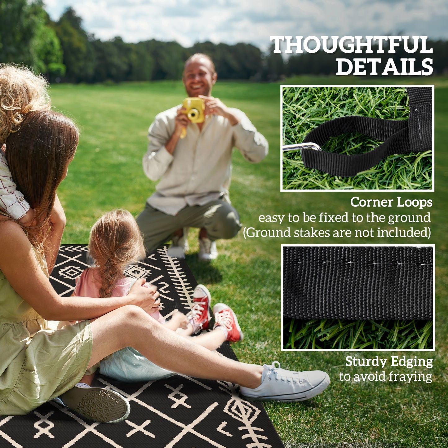 Reversible Outdoor Rug - Waterproof Plastic Straw, 9' x 12', Black & Beige Rhombus