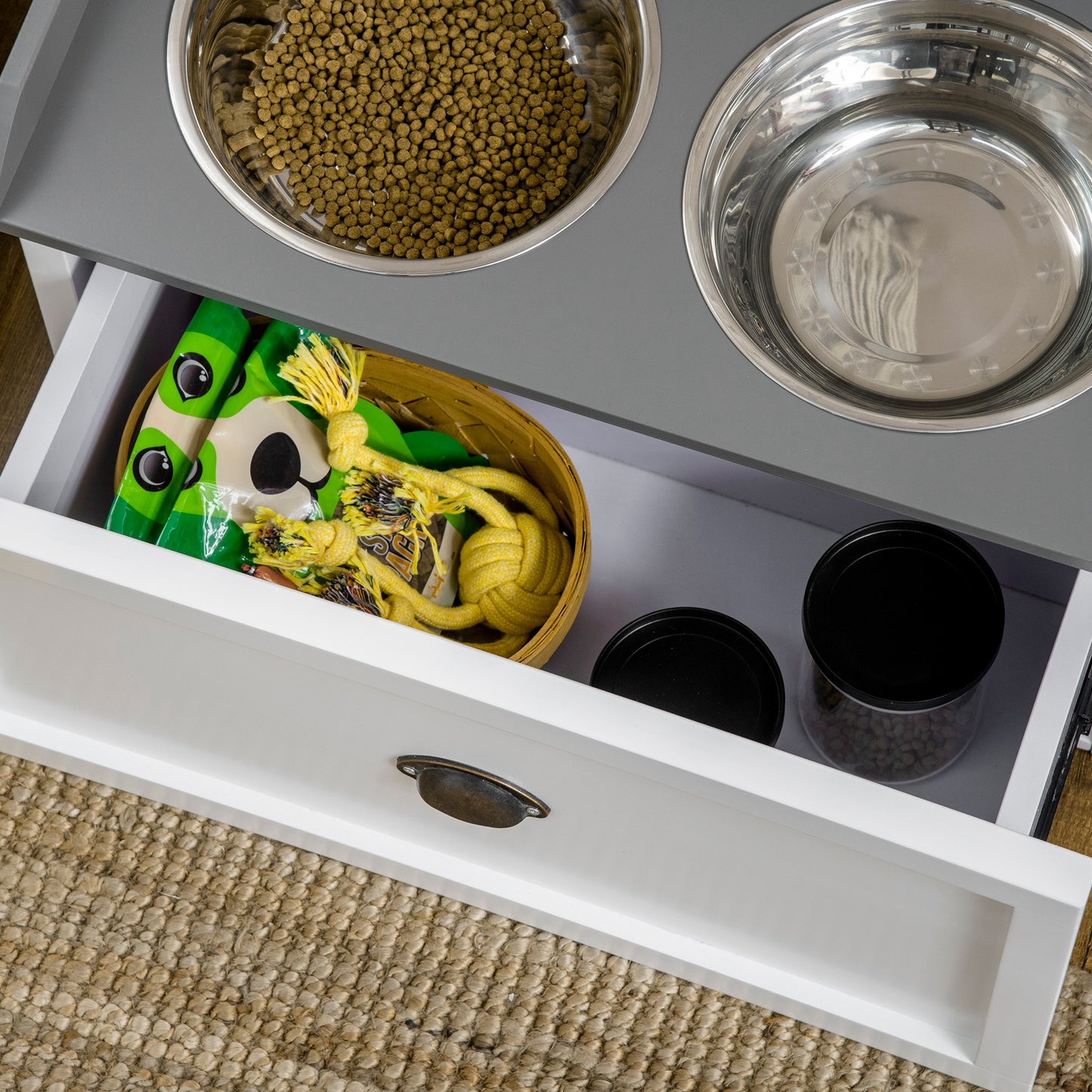 Elevated Dog Food Station with Storage and Stainless Steel Bowls - Large Dogs White
