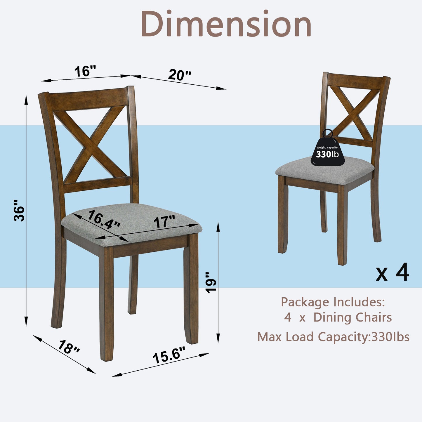 Wooden Dining Chairs Set of 4 with Padded Seats - Walnut