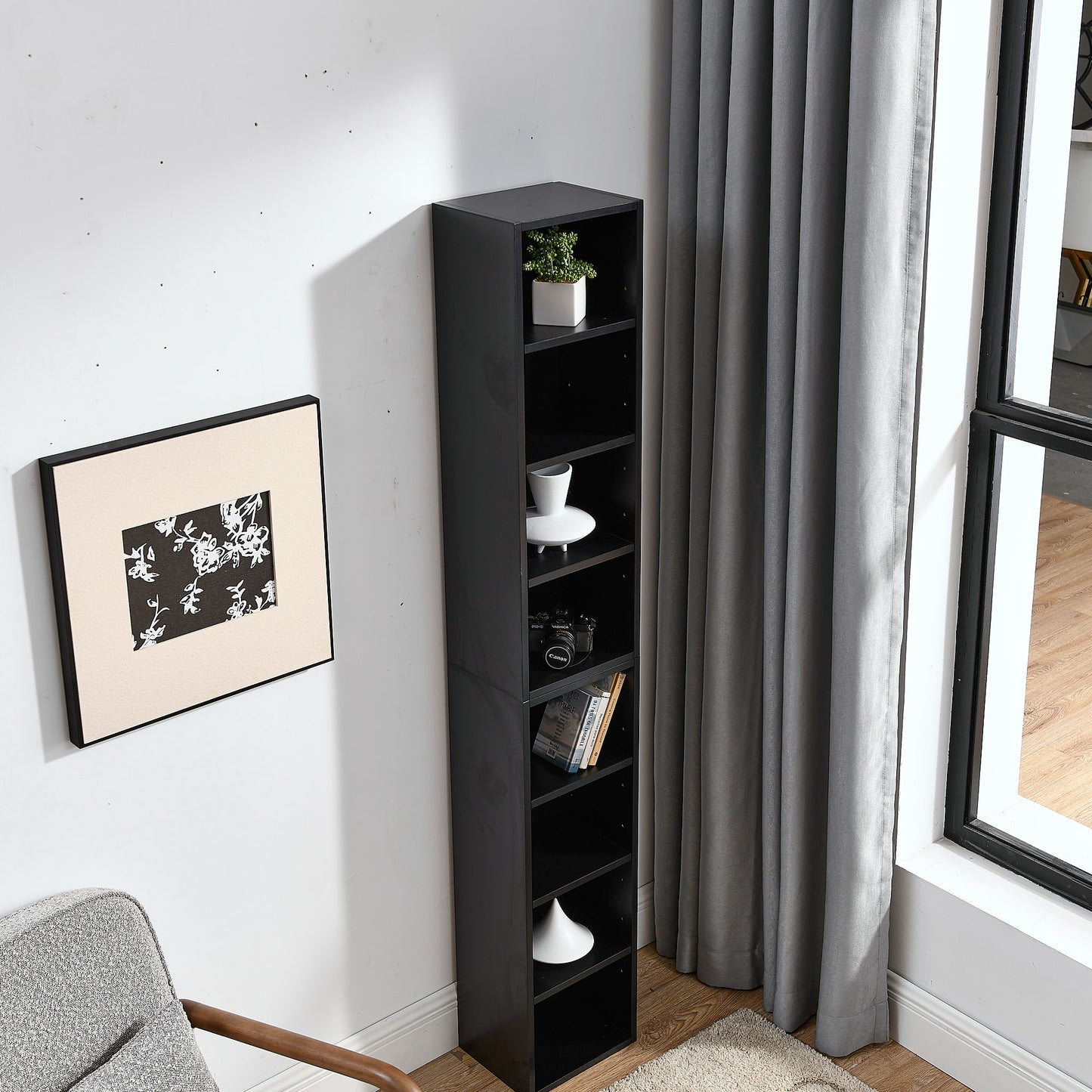 8-Tier Media Tower Rack - Slim Storage Cabinet with Adjustable Shelves - Black
