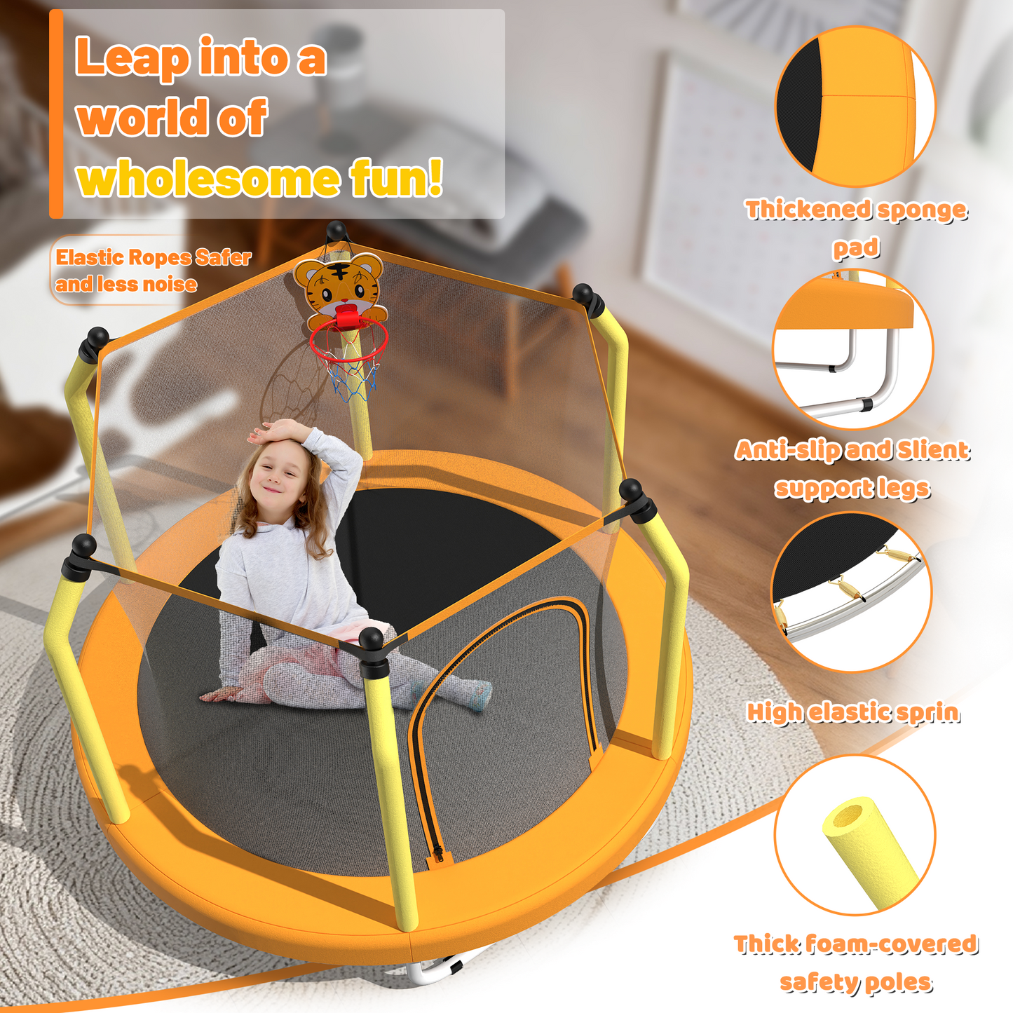 55-Inch Kids Trampoline for Indoor & Outdoor Play with Hoop - Yellow