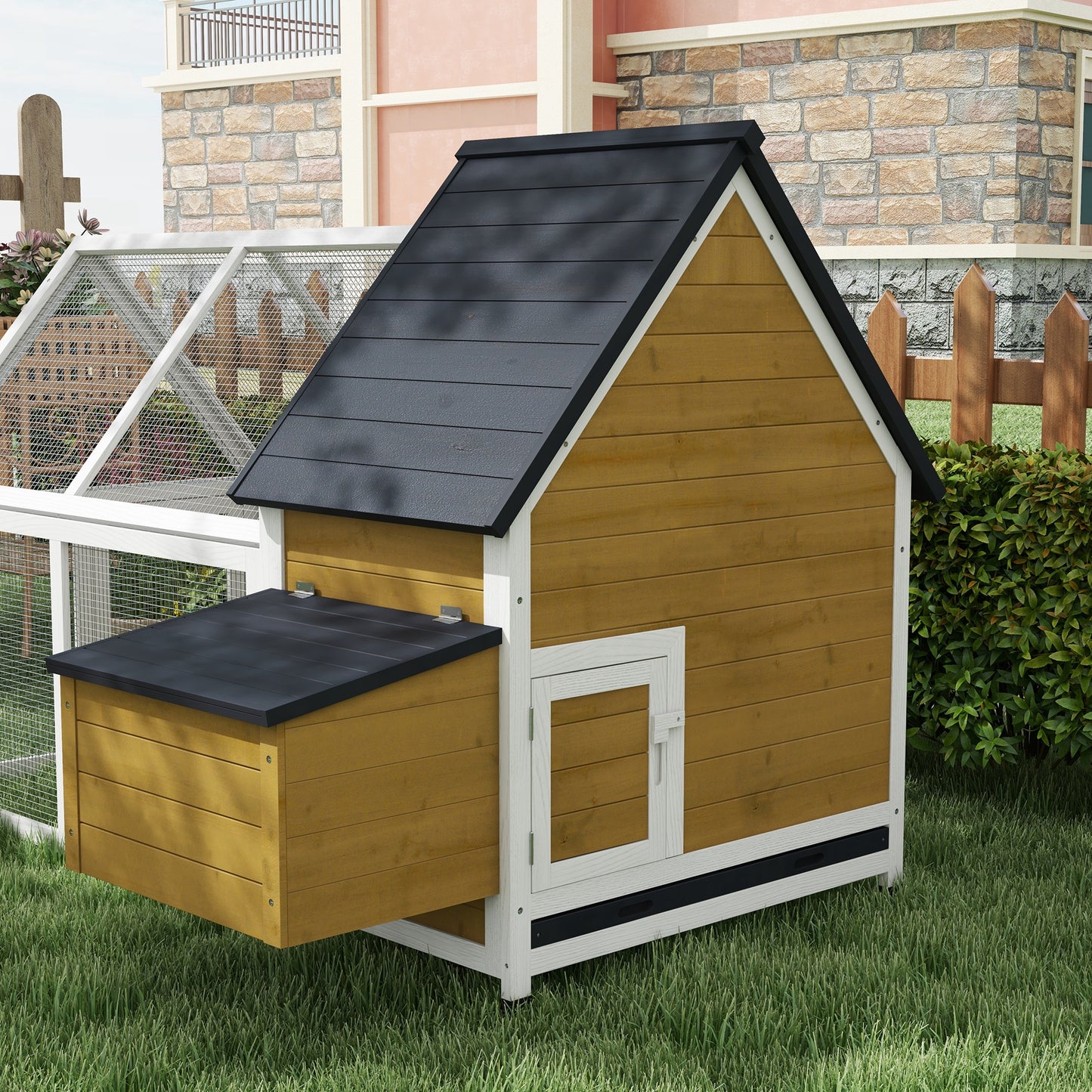 Wooden Chicken Coop with Nesting Box, Ramp & Run - Backyard Poultry House