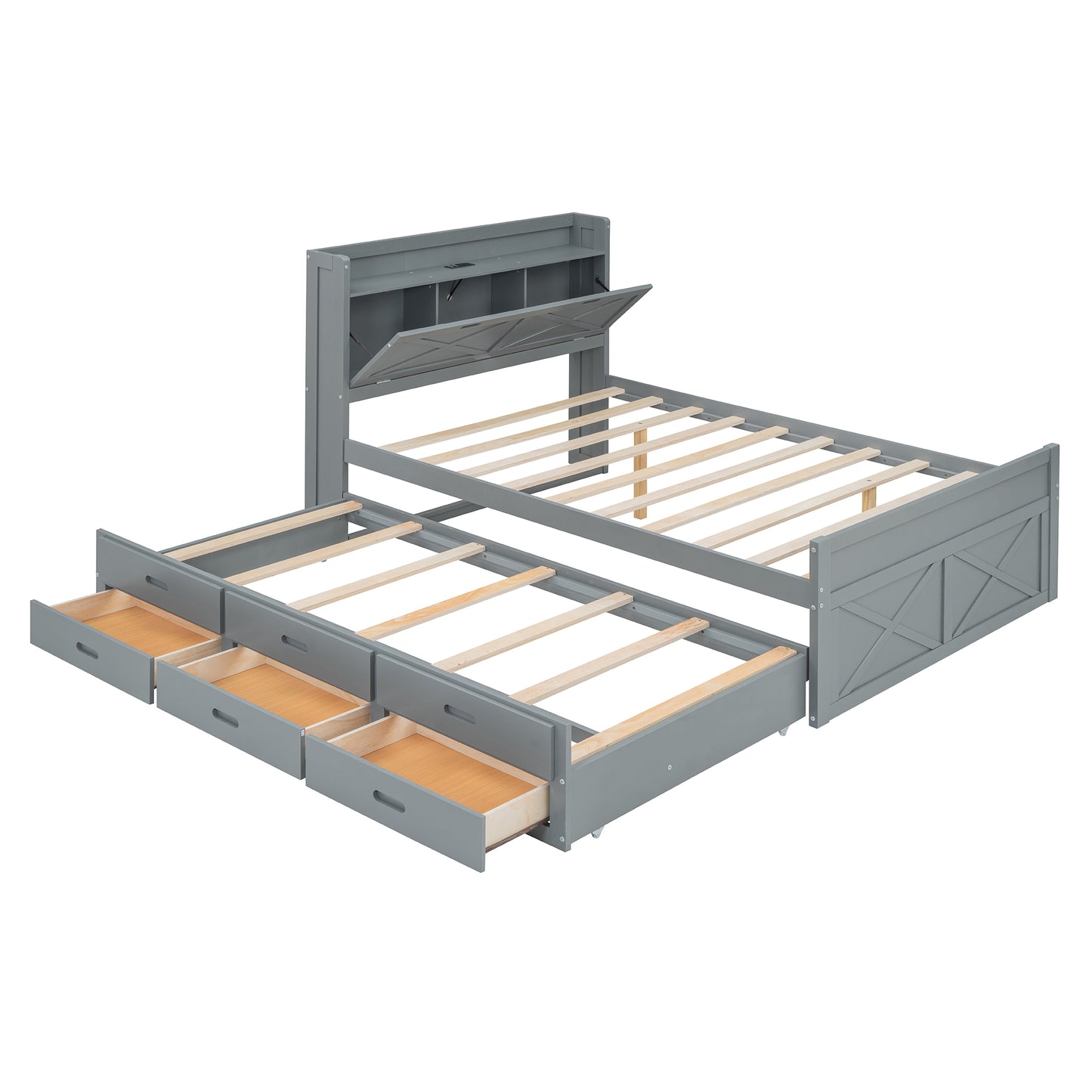 Full Size Wooden Bed with Storage Headboard & Trundle - Gray