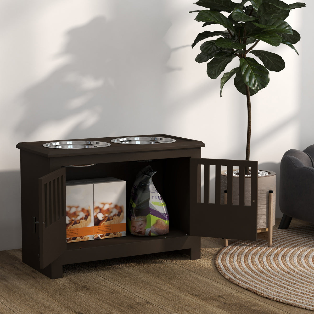 Dog Food Storage Cabinet with Bowls and Feeding Station - Espresso