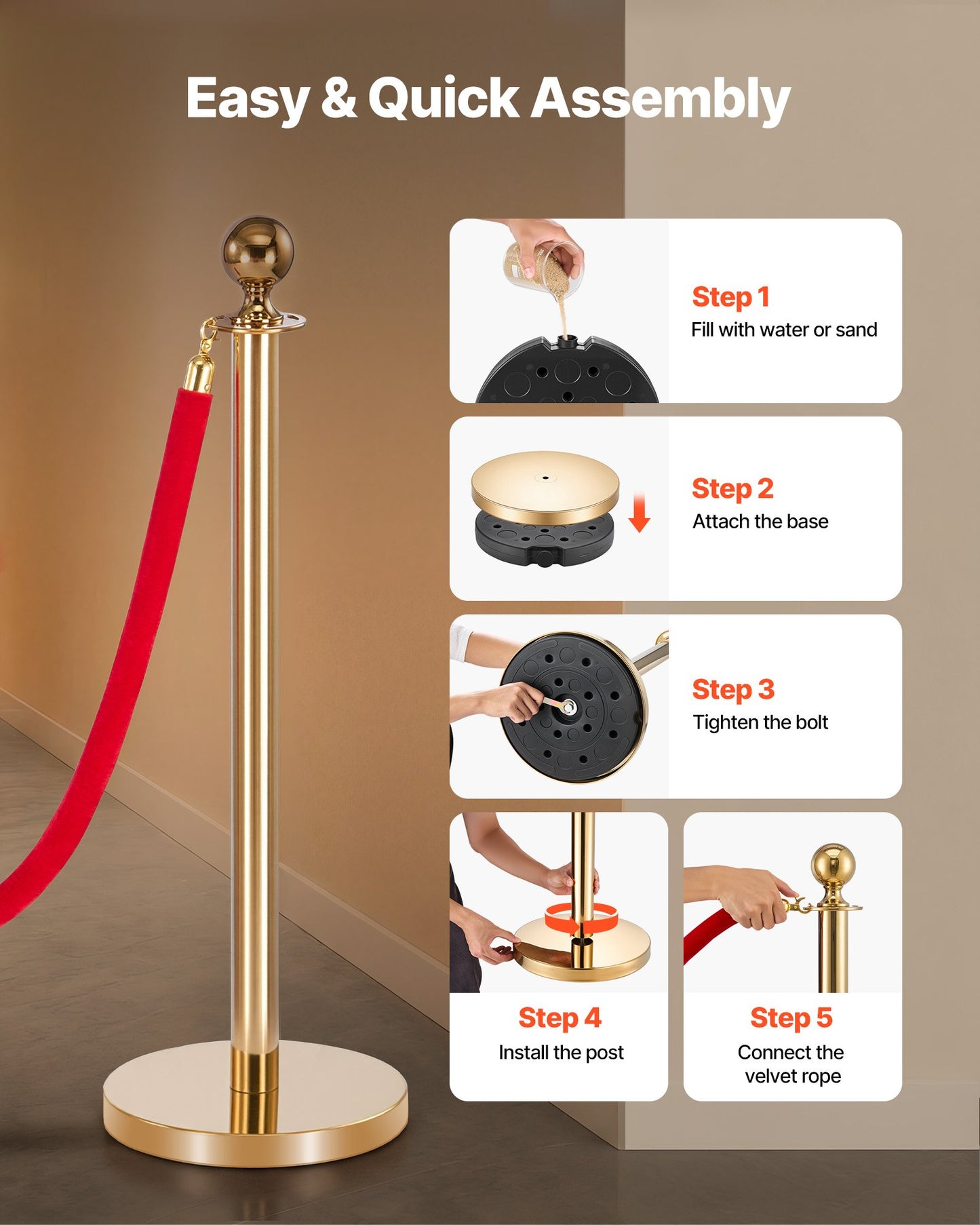 Crowd Control Barrier Set with Velvet Ropes & Red Carpet - 8 Pcs Gold Stanchions