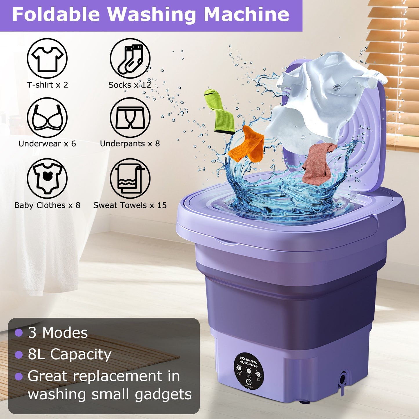 Portable Foldable Washing Machine with 3 Modes and Large 8L Capacity for Travel and Small Spaces