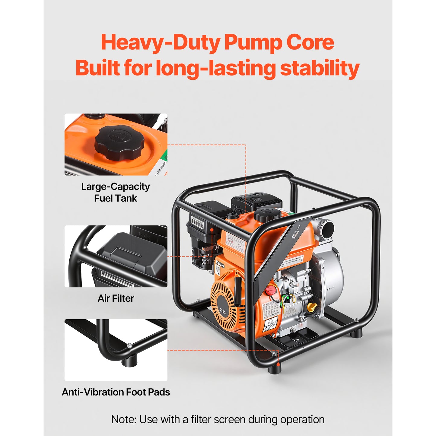 Gas Powered Water Pump 2 Inch 132 GPM 7HP Semi Trash Transfer Pump Portable