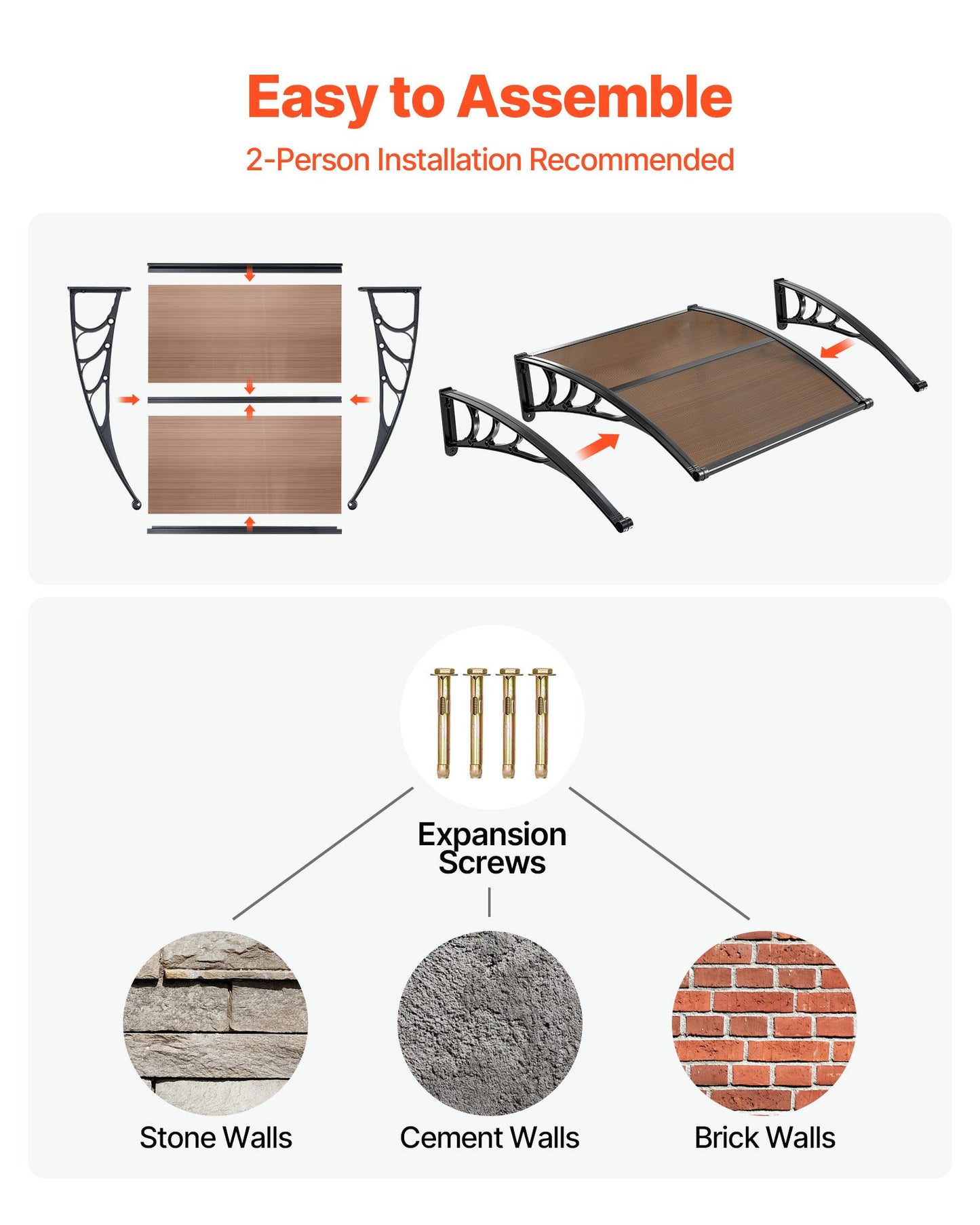 Polycarbonate Door Awning 38x40 Inch Waterproof Overhang with Drainage & Mounting Kit - Brown