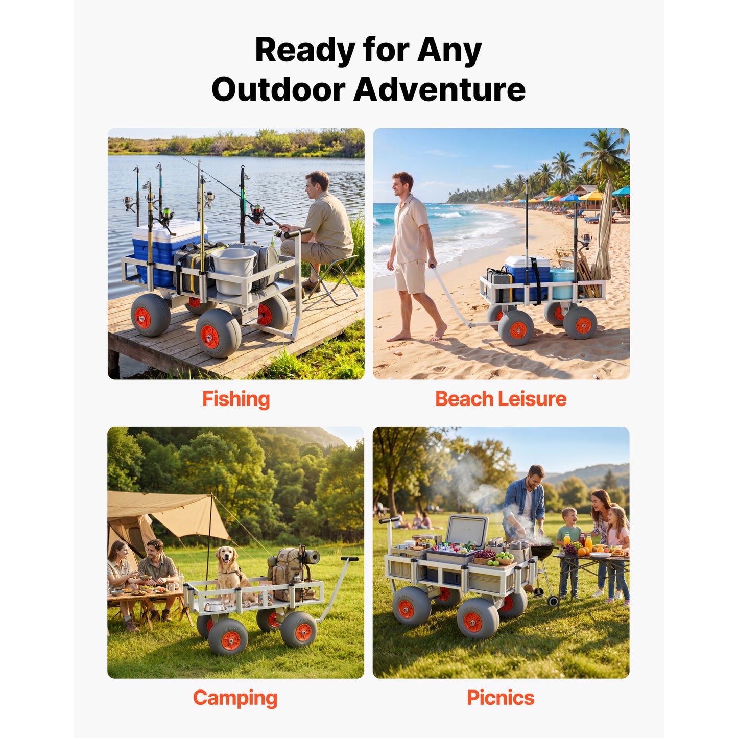 Heavy-Duty Fishing Cart with 350 Lb Load Capacity - All-Terrain Wagon with 6 Rod Holders